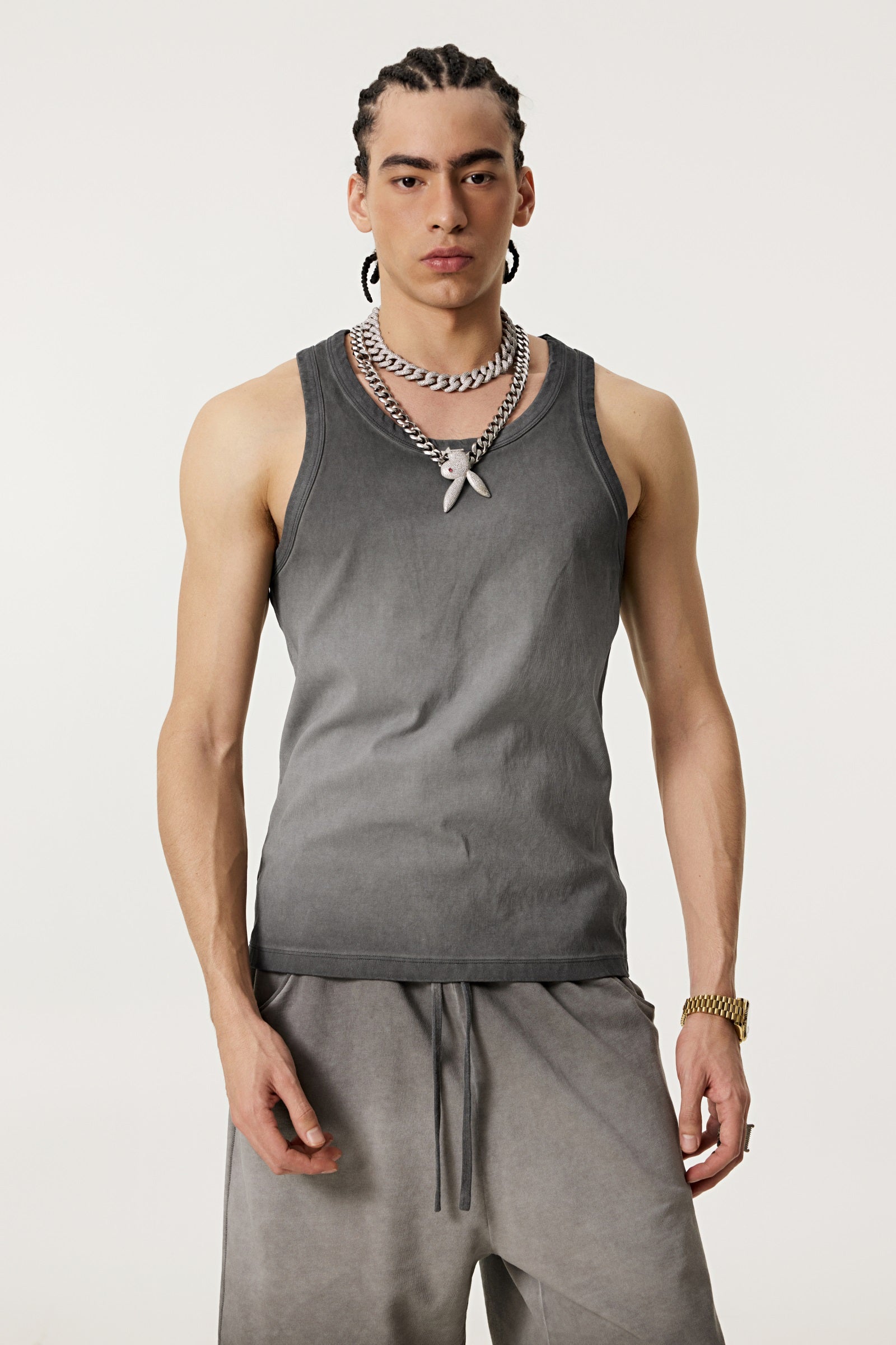 315GSM Men's Vintage-Wash Stretch Ribbed Tank Top Dark Grey