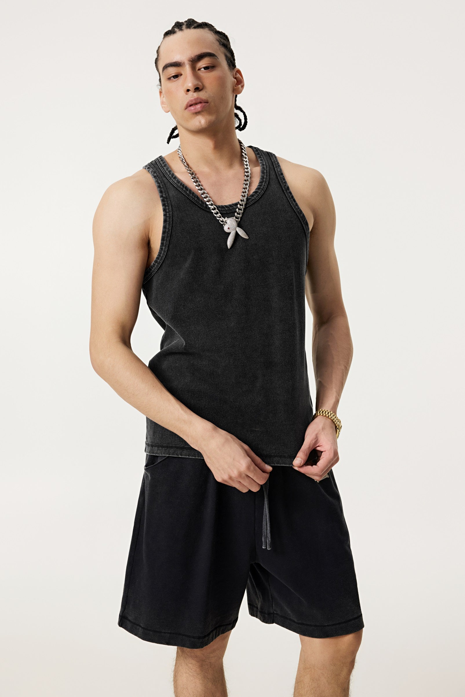 315GSM Men's Vintage-Wash Stretch Ribbed Tank Top Snowflake Grey