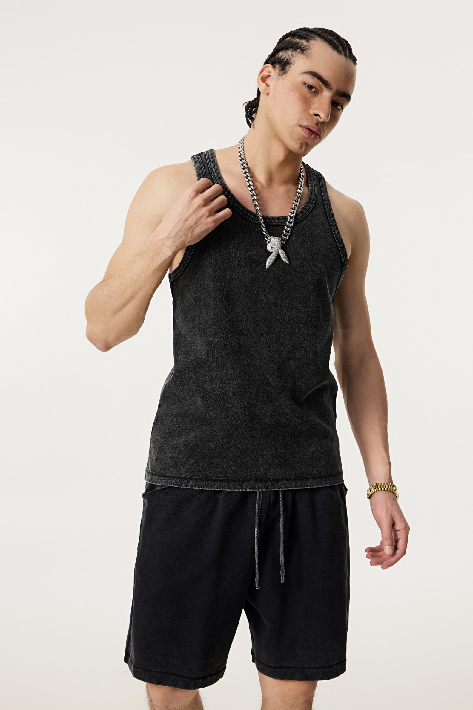 315GSM Men's Vintage-Wash Stretch Ribbed Tank Top Snowflake Grey