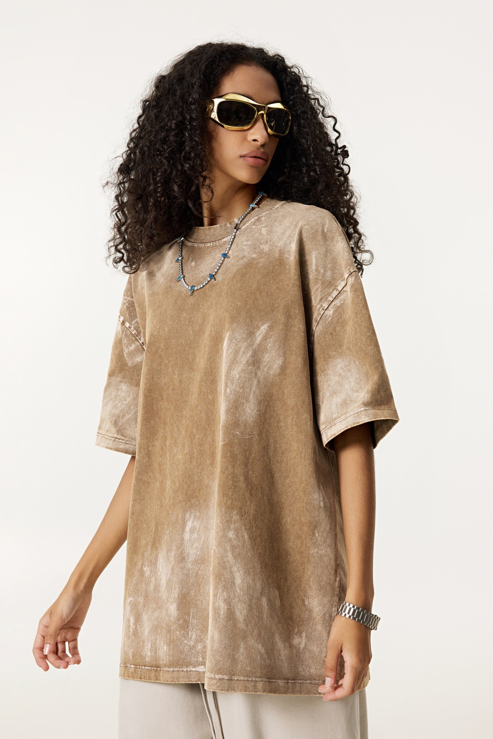 260GSM Unisex Painted Pigment-Wash T-shirt Coffee Brown