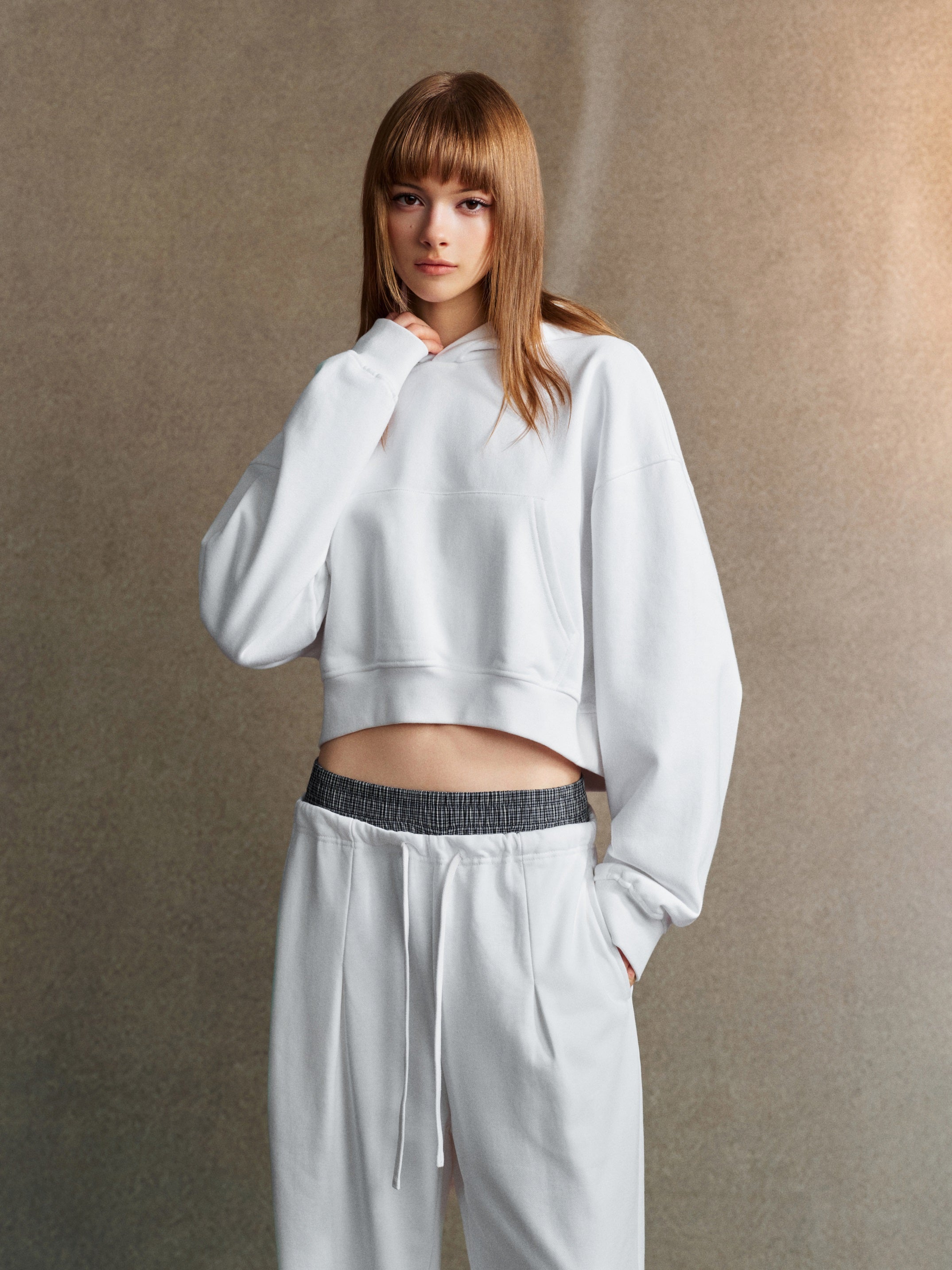 445GSM Women’s Cropped French Terry Hoodie Ivory White