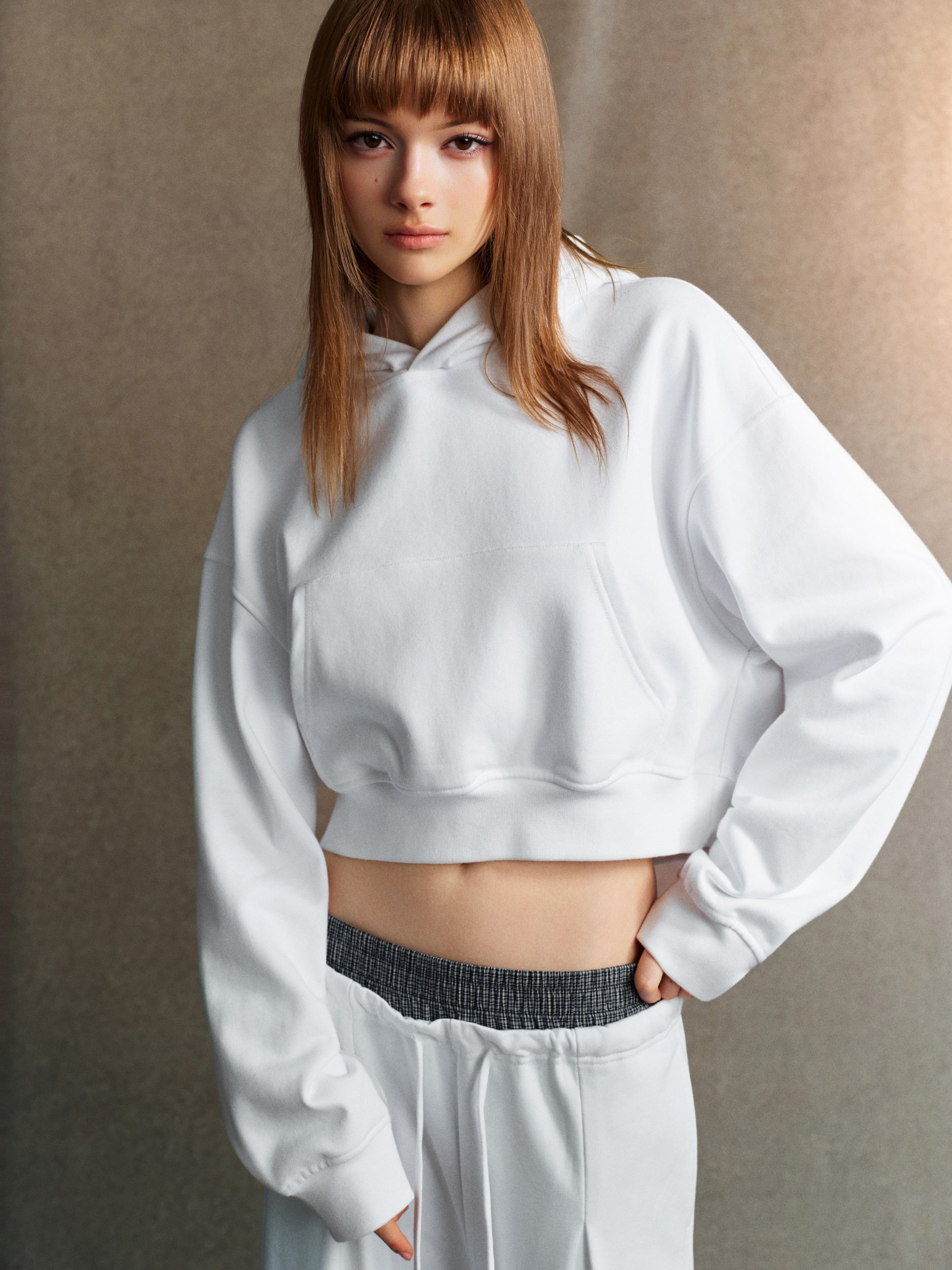 445GSM Women’s Cropped French Terry Hoodie Ivory White