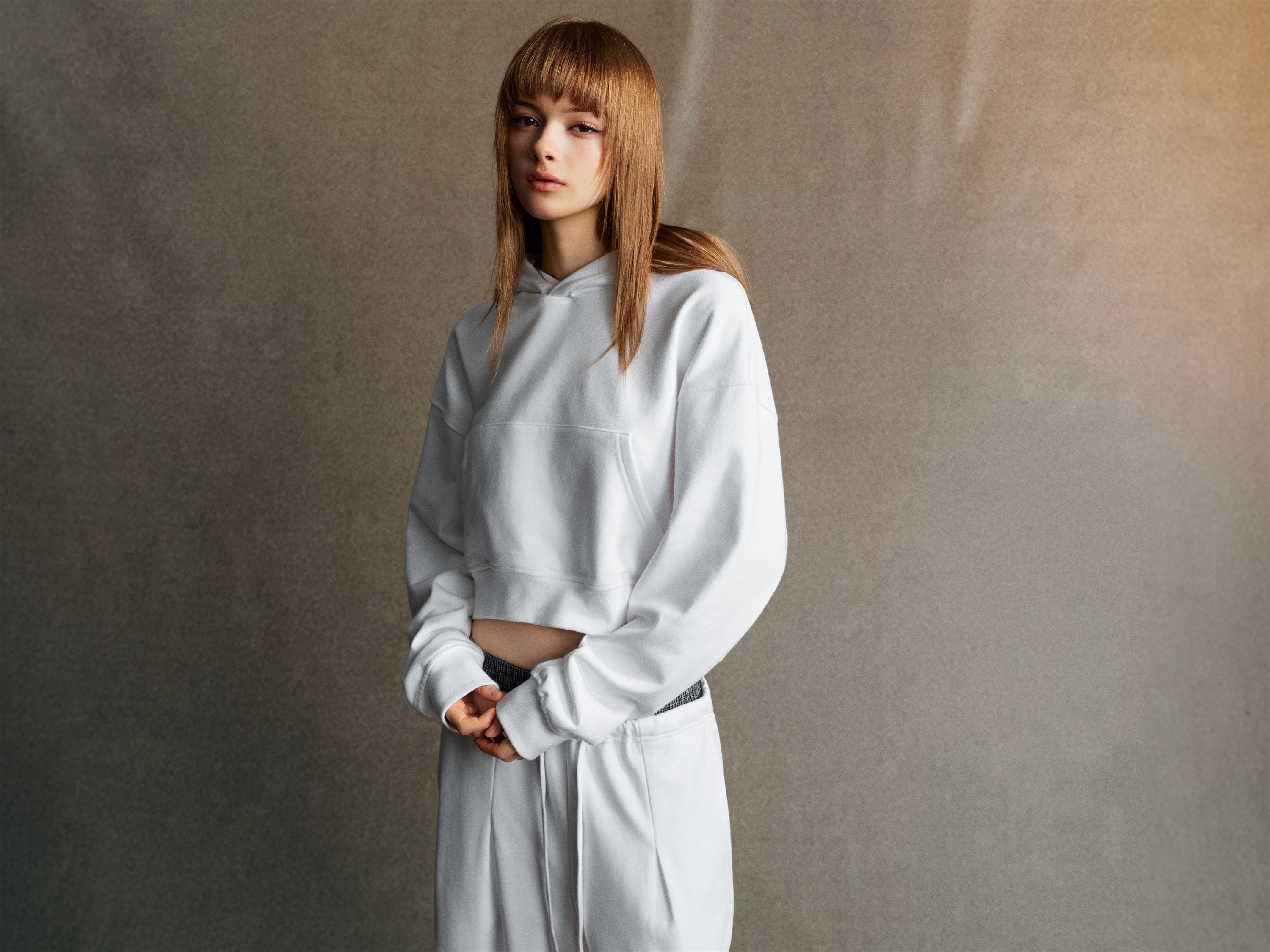 445GSM Women’s Cropped French Terry Hoodie Ivory White