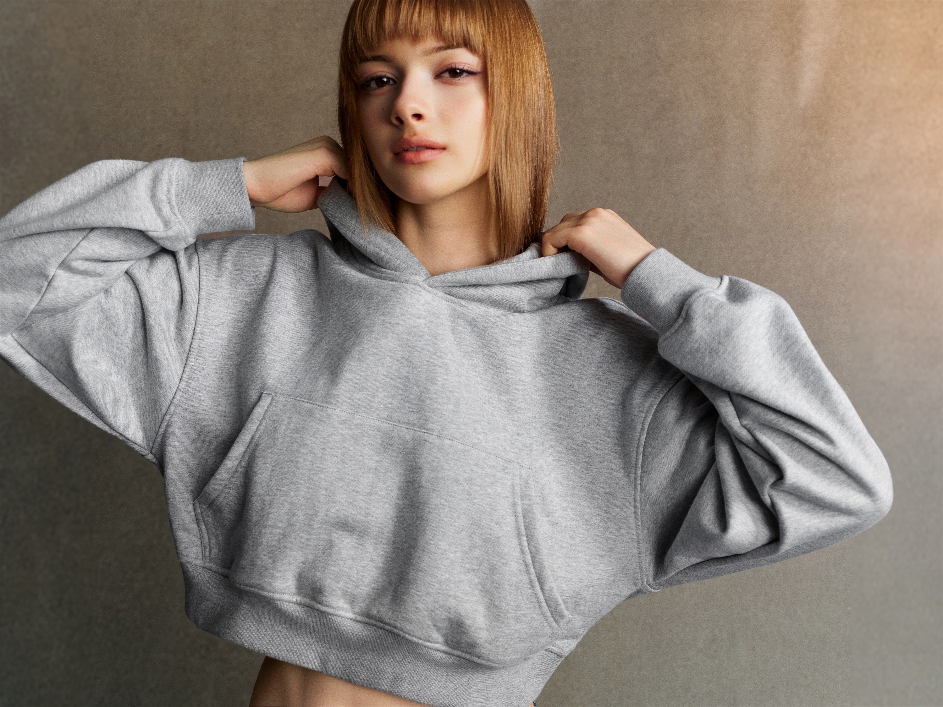 445GSM Women’s Cropped French Terry Hoodie Marled Gray