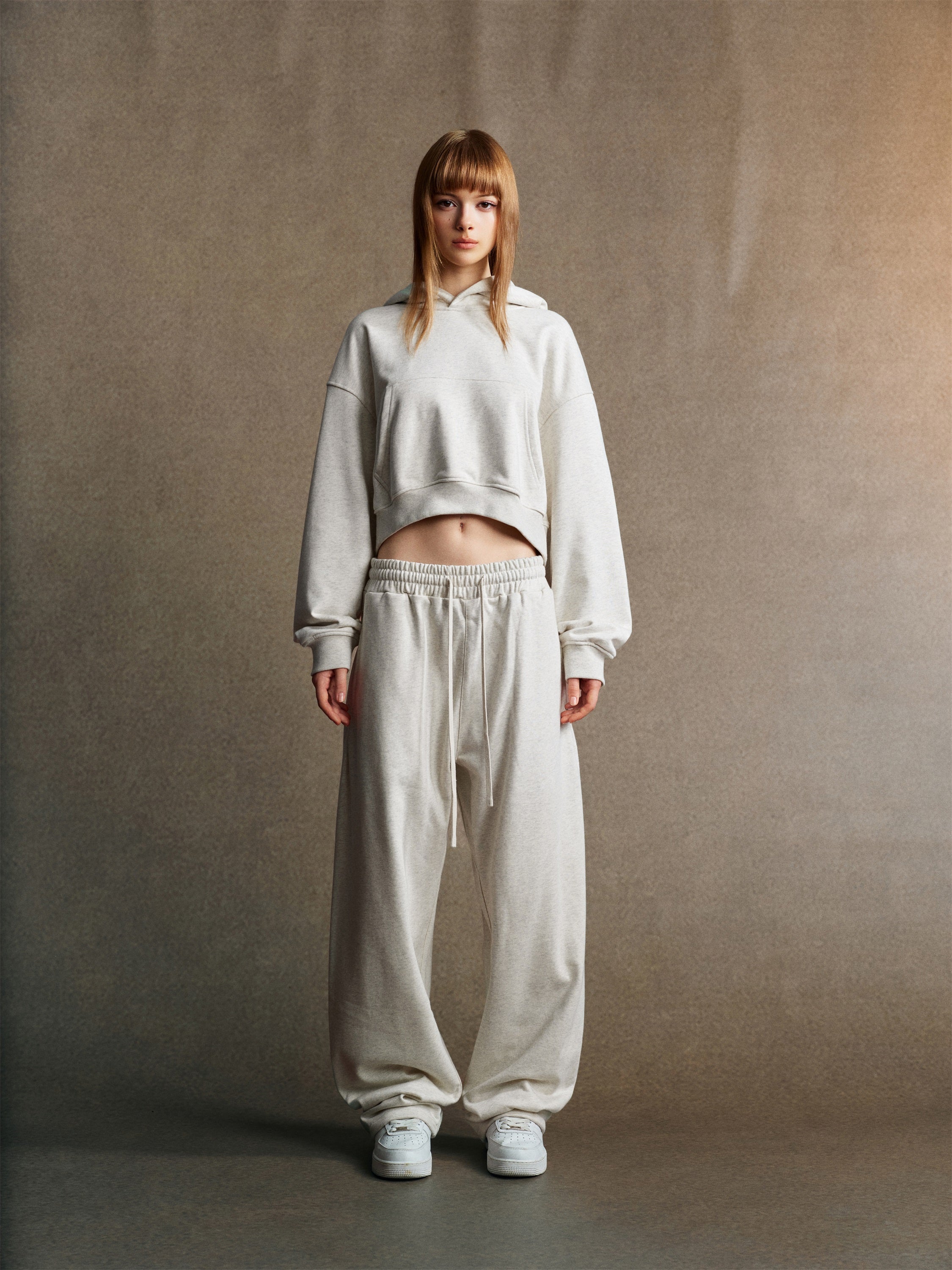445GSM Women’s Cropped French Terry Hoodie Oatmeal Gray