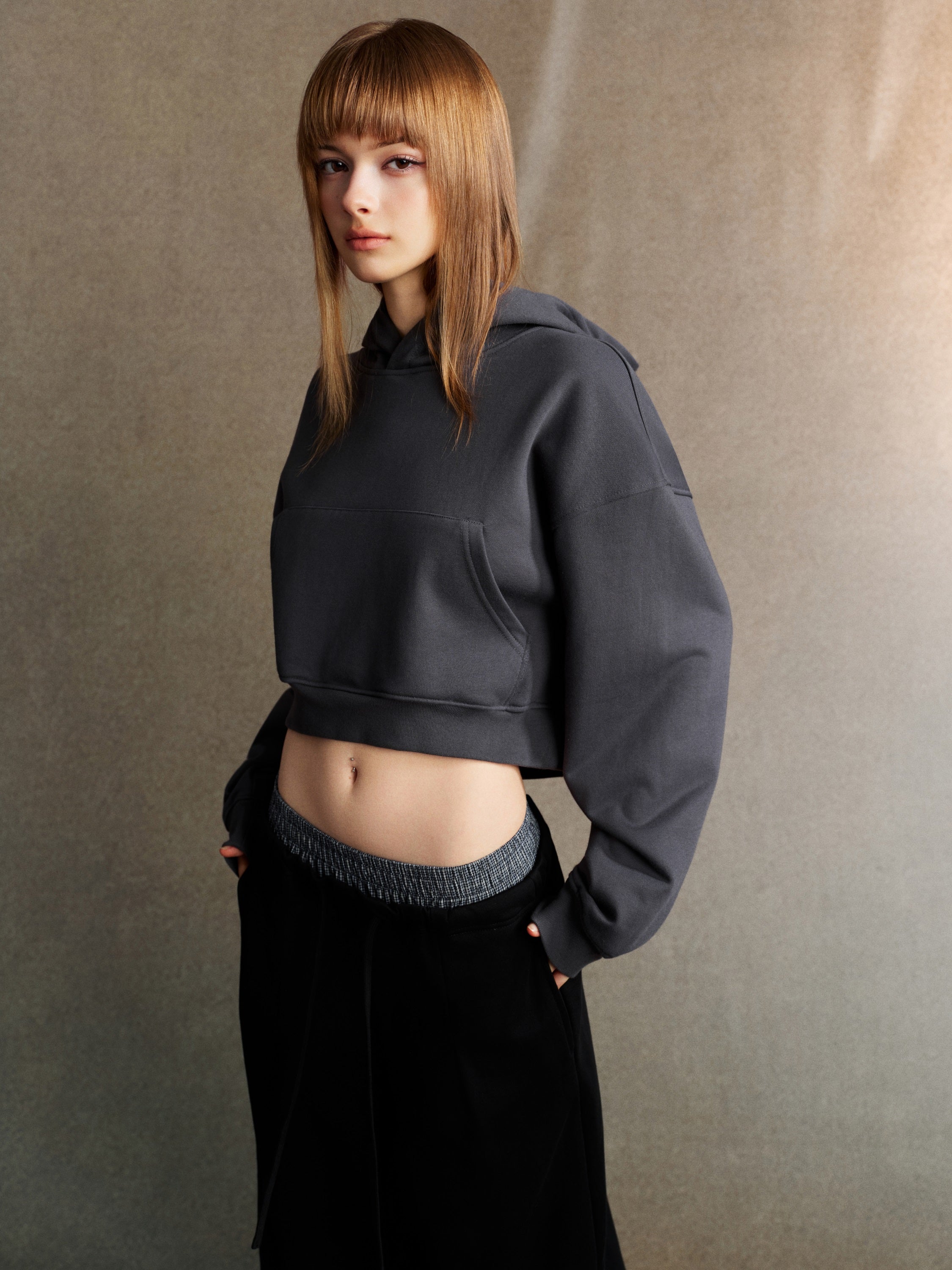 445GSM Women’s Cropped French Terry Hoodie Carbon Gray