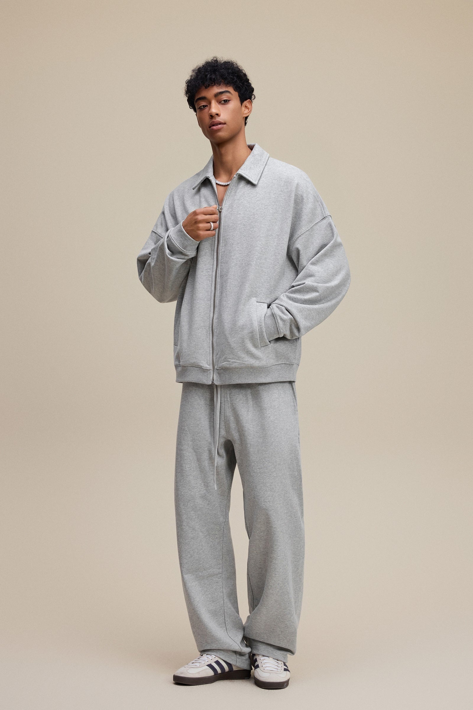 445GSM Unisex Heavyweight Zip-Up Collared Sweatshirt Heathered Grey