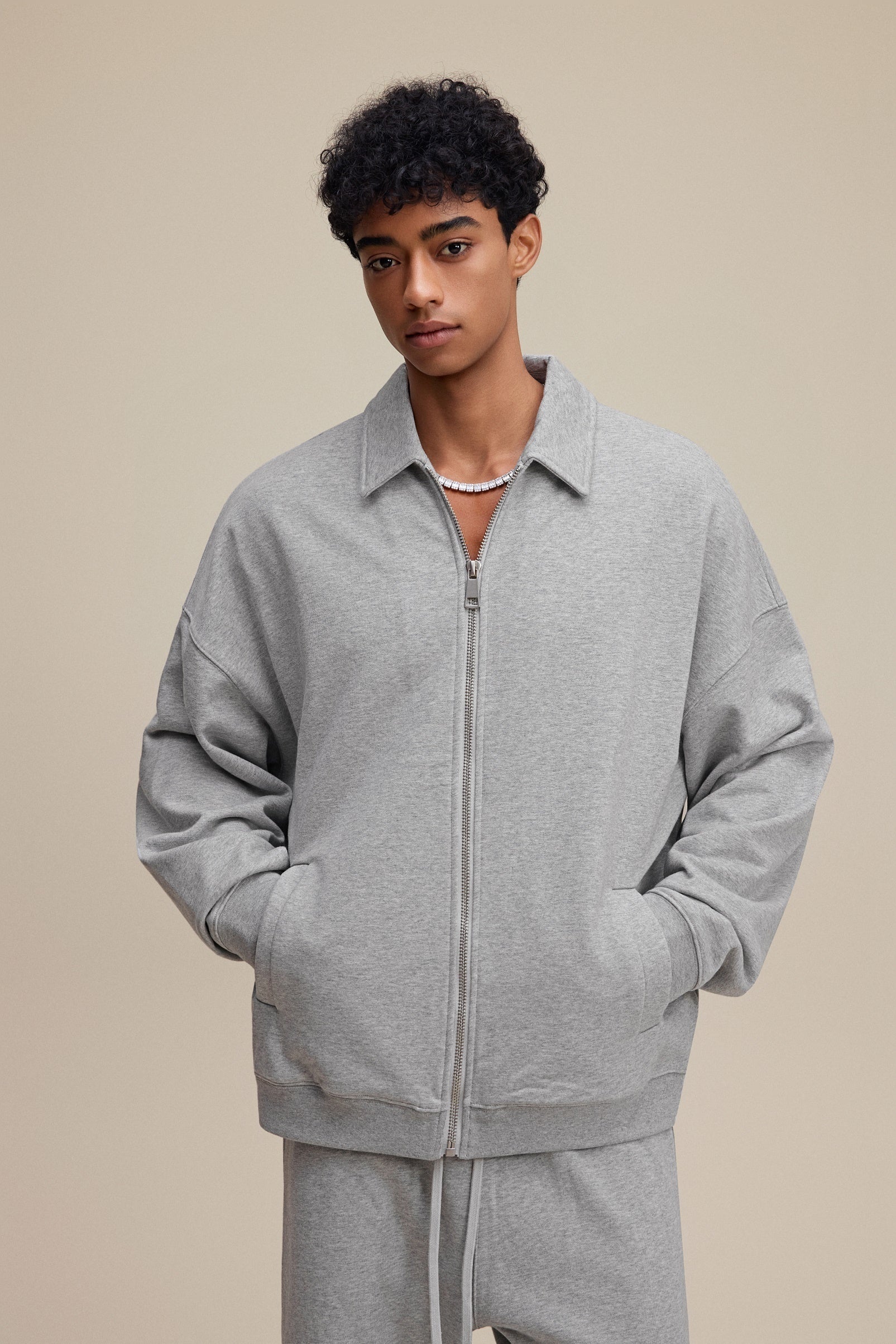 445GSM Unisex Heavyweight Zip-Up Collared Sweatshirt Heathered Grey
