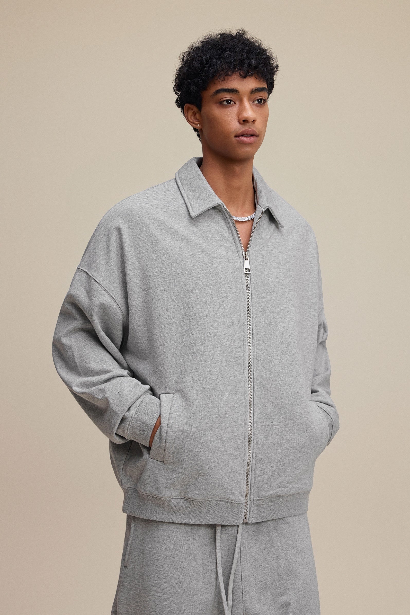 445GSM Unisex Heavyweight Zip-Up Collared Sweatshirt Heathered Grey