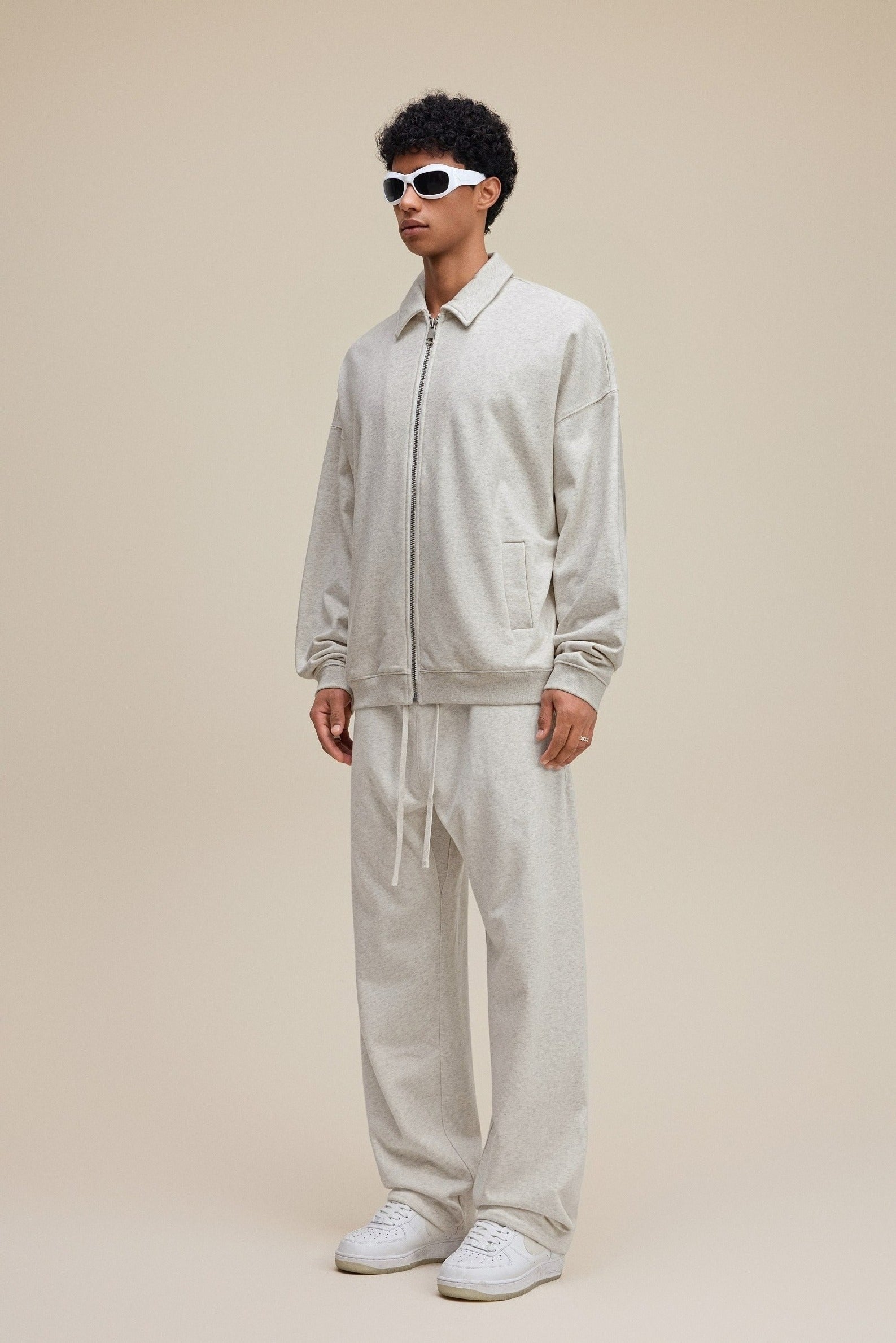 445GSM Unisex Heavyweight Zip-Up Collared Sweatshirt Oatmeal Grey