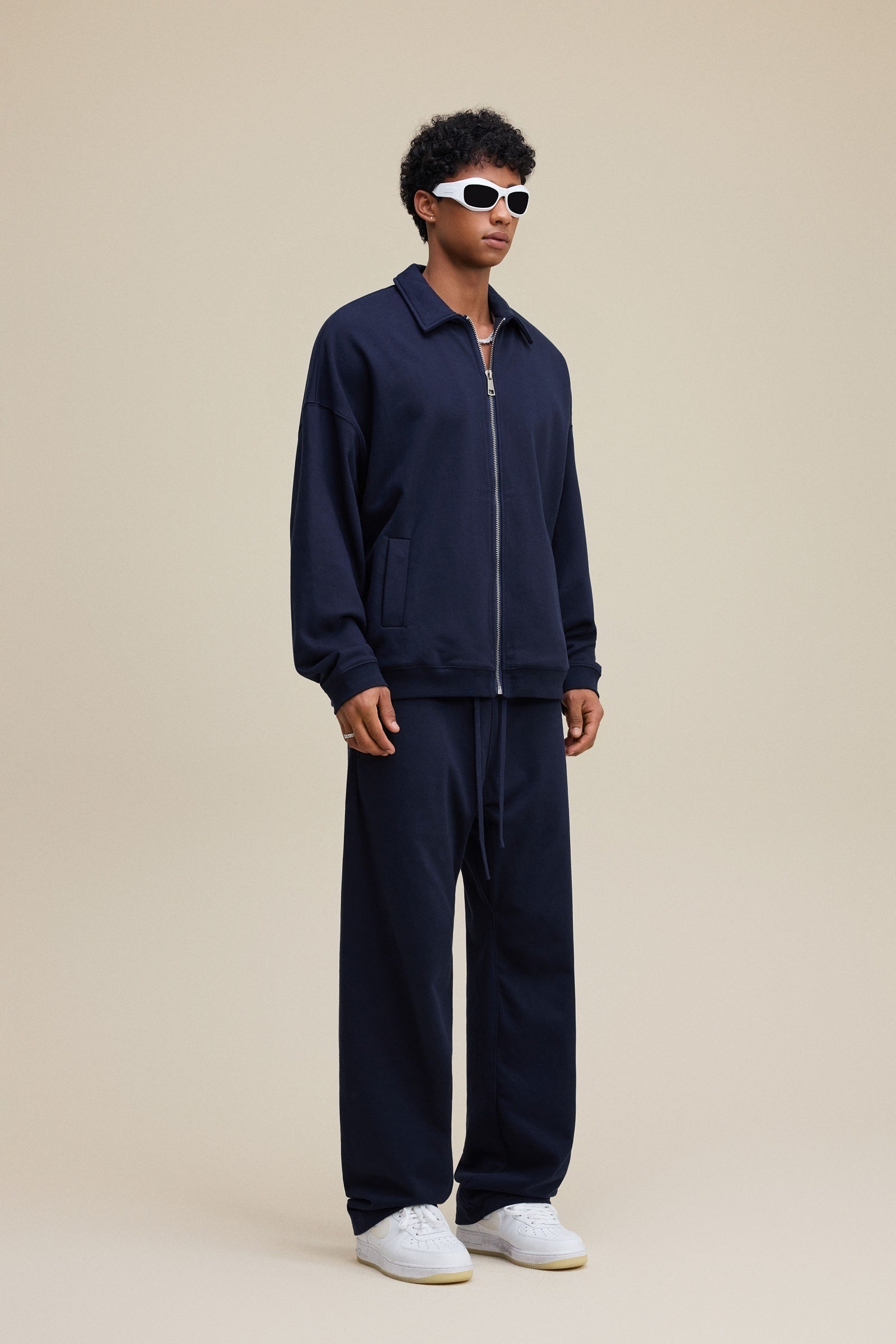 445GSM Unisex Heavyweight Zip-Up Collared Sweatshirt Navy Blue