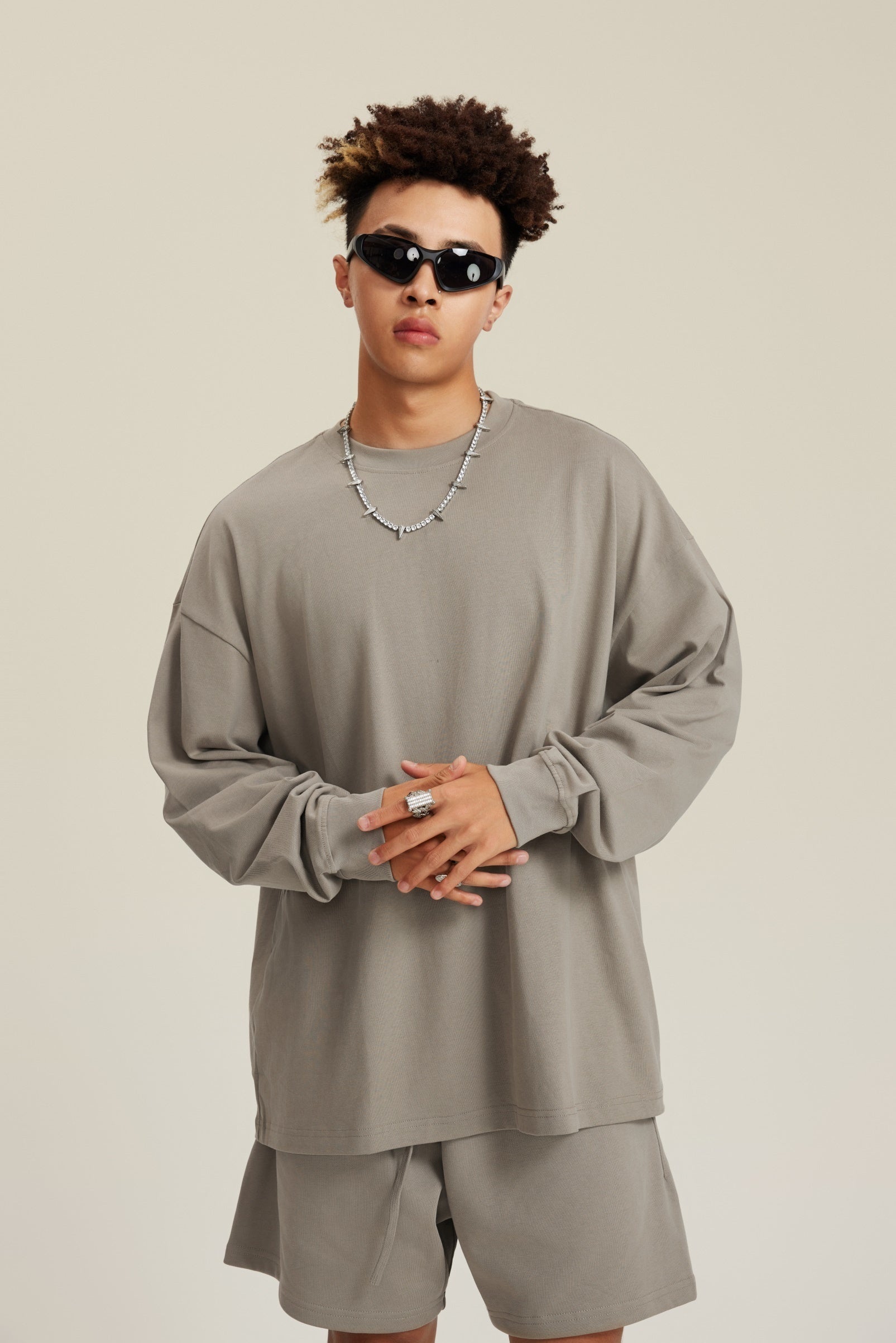305GSM Unisex Premium Heavyweight Double-Yarn Plain Fabric Earth-Tone Basic Layering Long sleeve Grey Camel