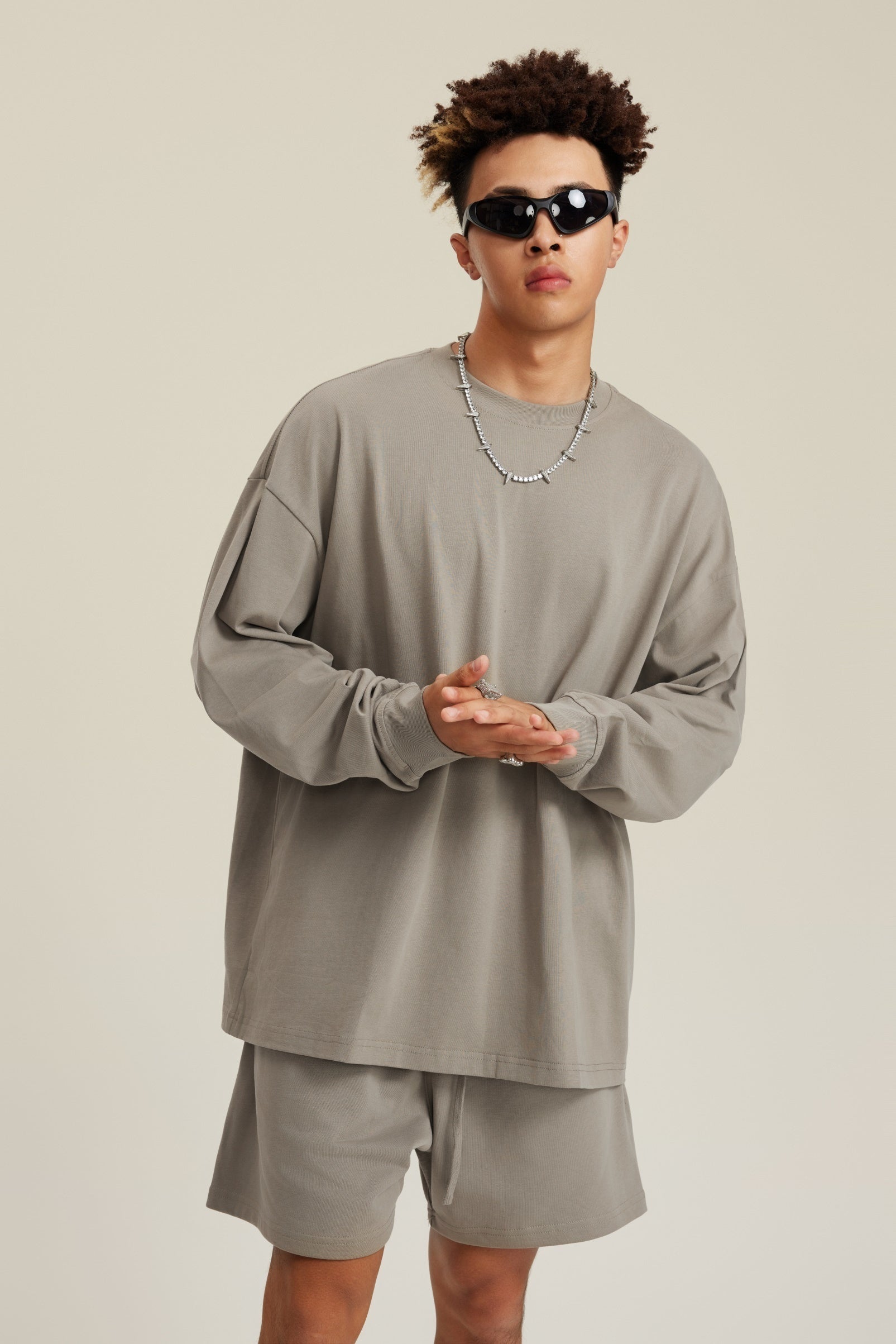 305GSM Unisex Premium Heavyweight Double-Yarn Plain Fabric Earth-Tone Basic Layering Long sleeve Grey Camel