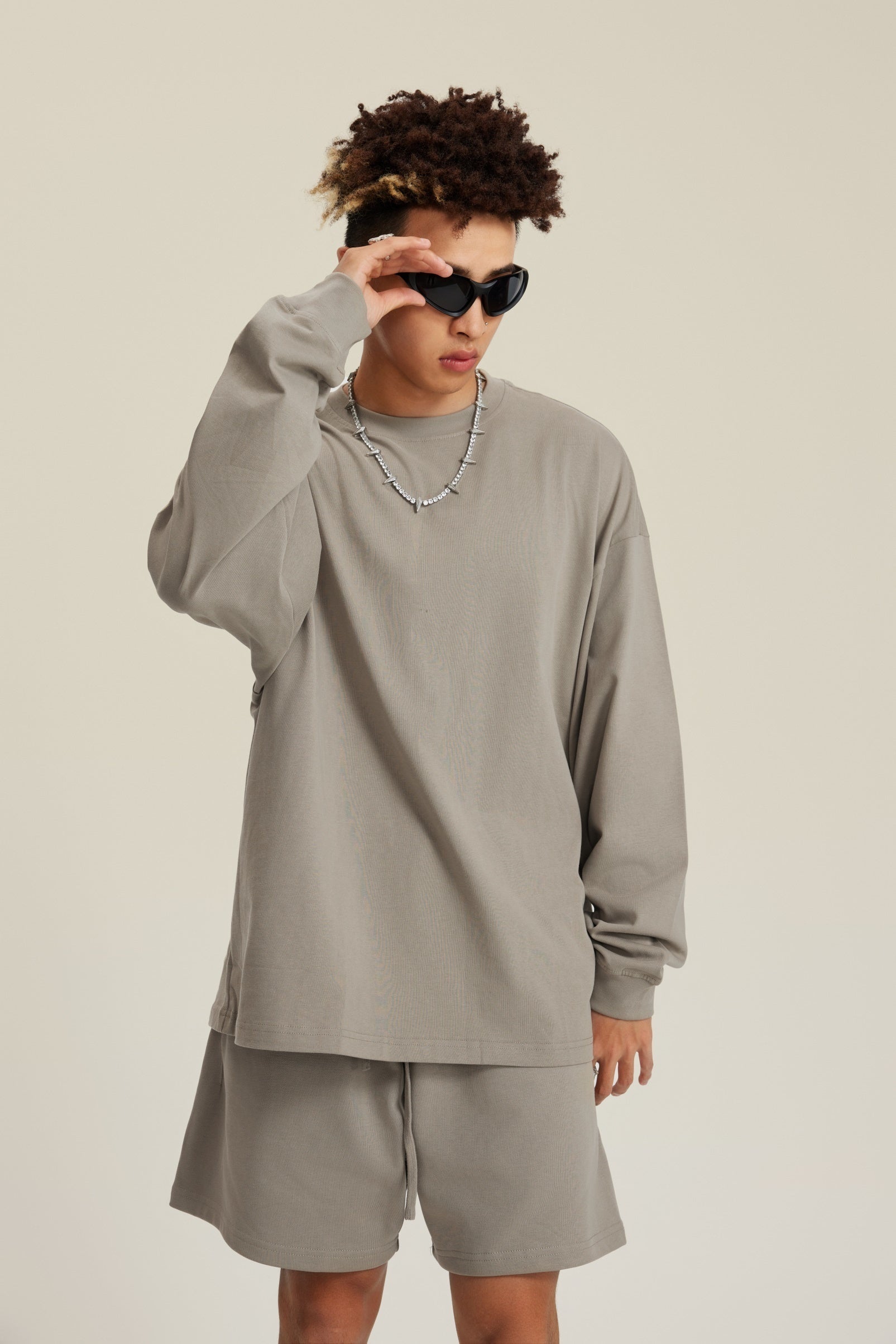 305GSM Unisex Premium Heavyweight Double-Yarn Plain Fabric Earth-Tone Basic Layering Long sleeve Grey Camel
