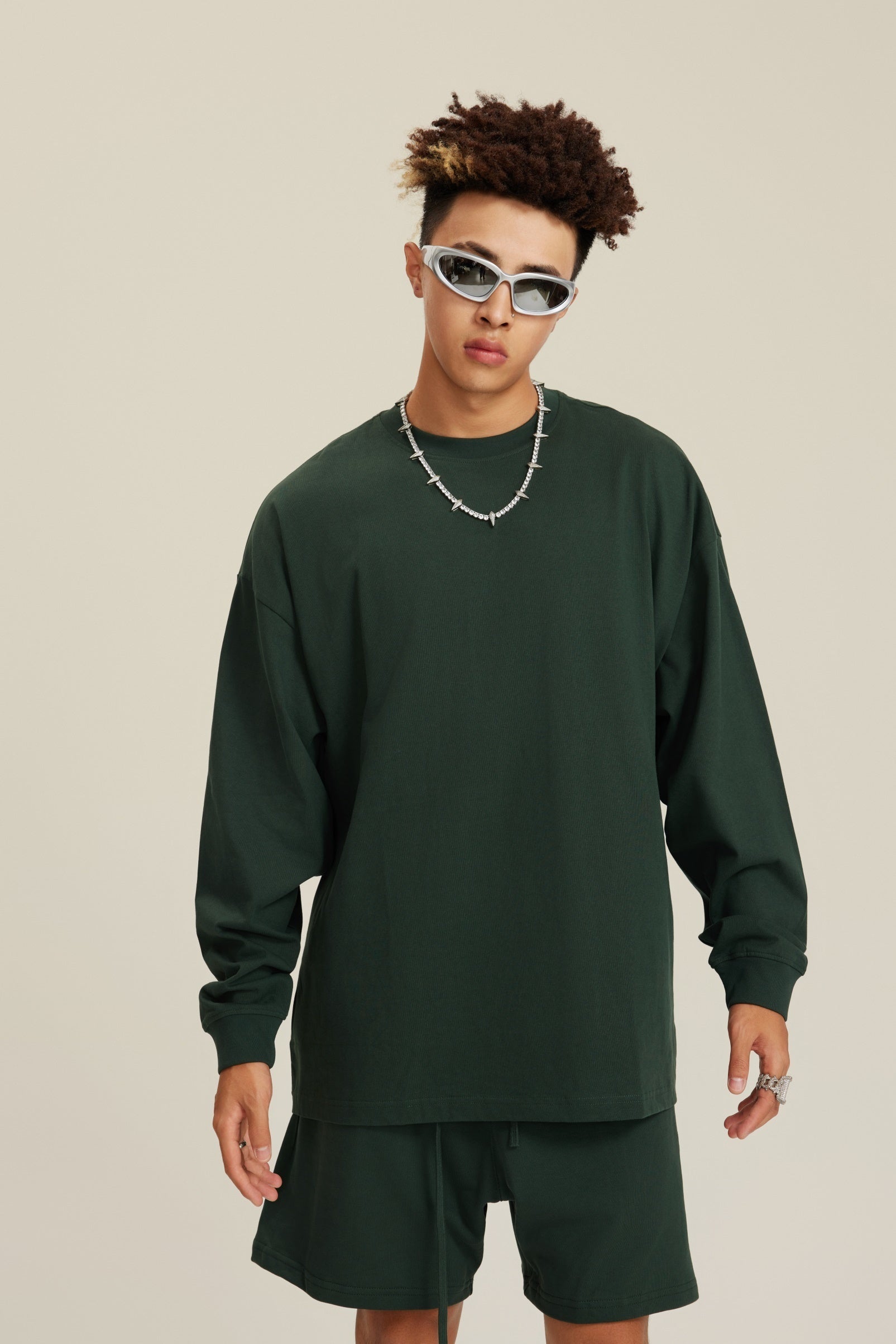 305GSM Unisex Premium Heavyweight Double-Yarn Plain Fabric Earth-Tone Basic Layering Long sleeve Dark Green