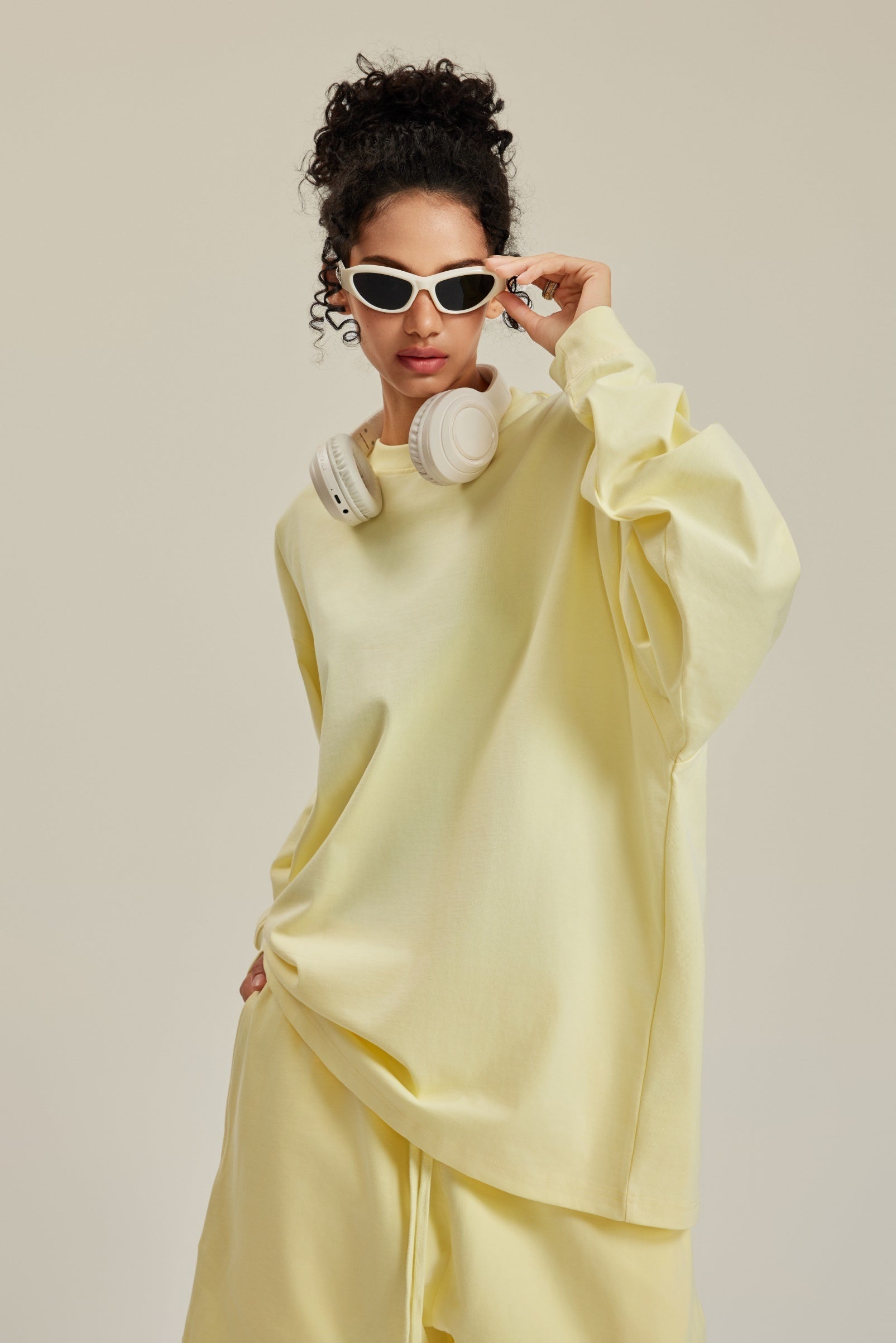305GSM Unisex Premium Heavyweight Double-Yarn Plain Fabric Earth-Tone Basic Layering Long sleeve Yellow