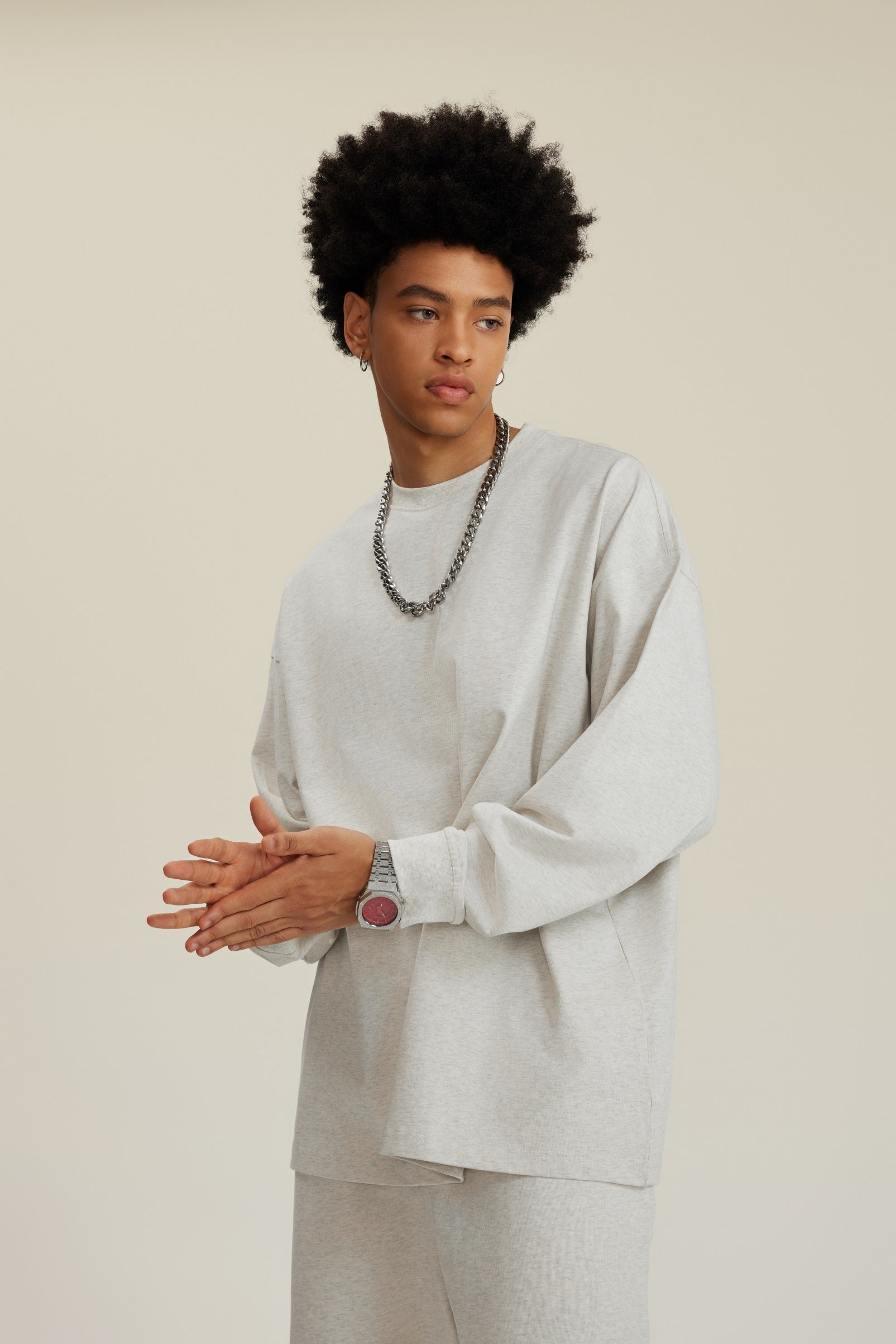 305GSM Unisex Premium Heavyweight Double-Yarn Plain Fabric Earth-Tone Basic Layering Long sleeve Oatmeal Grey