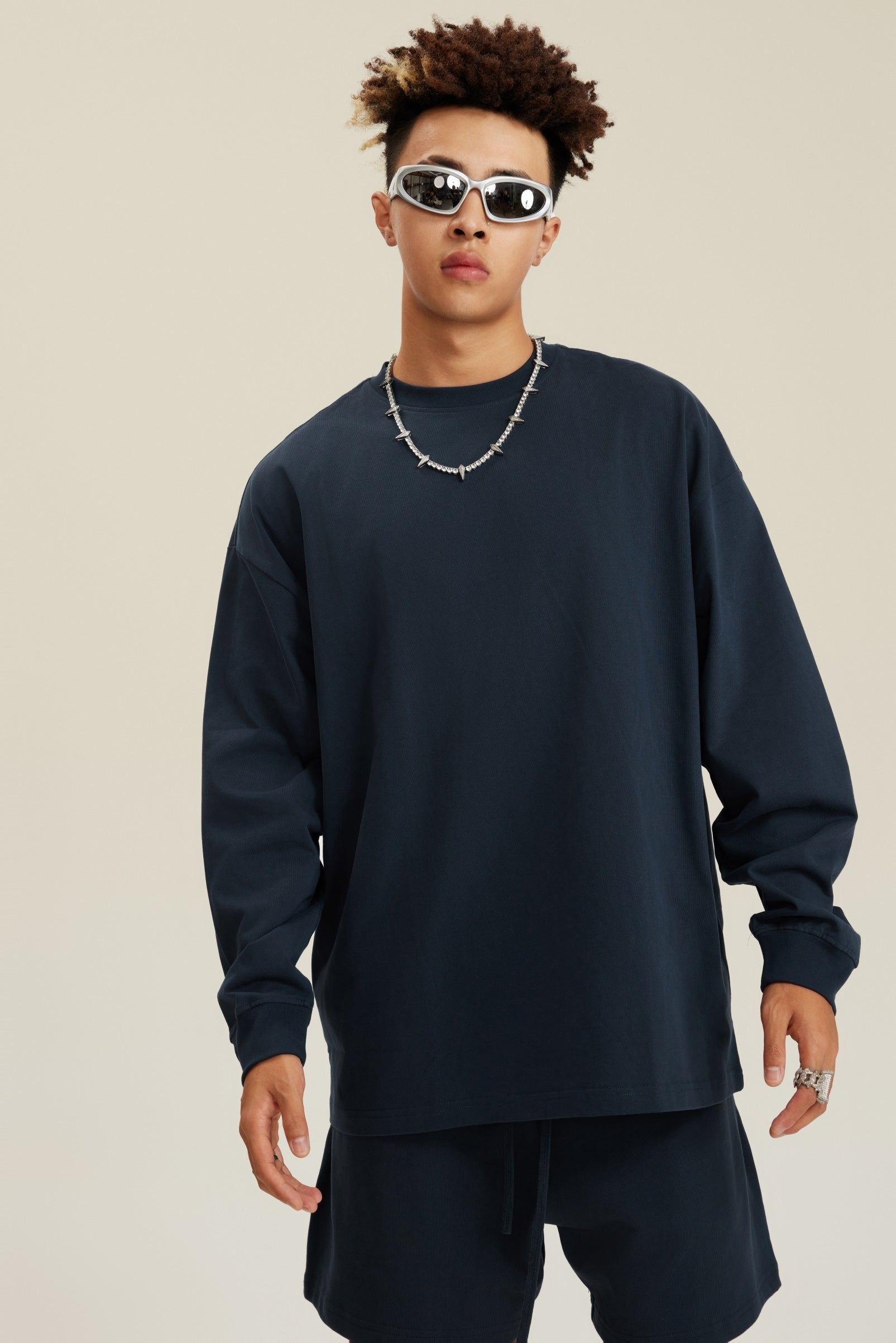 305GSM Unisex Premium Heavyweight Double-Yarn Plain Fabric Earth-Tone Basic Layering Long sleeve Navy Blue