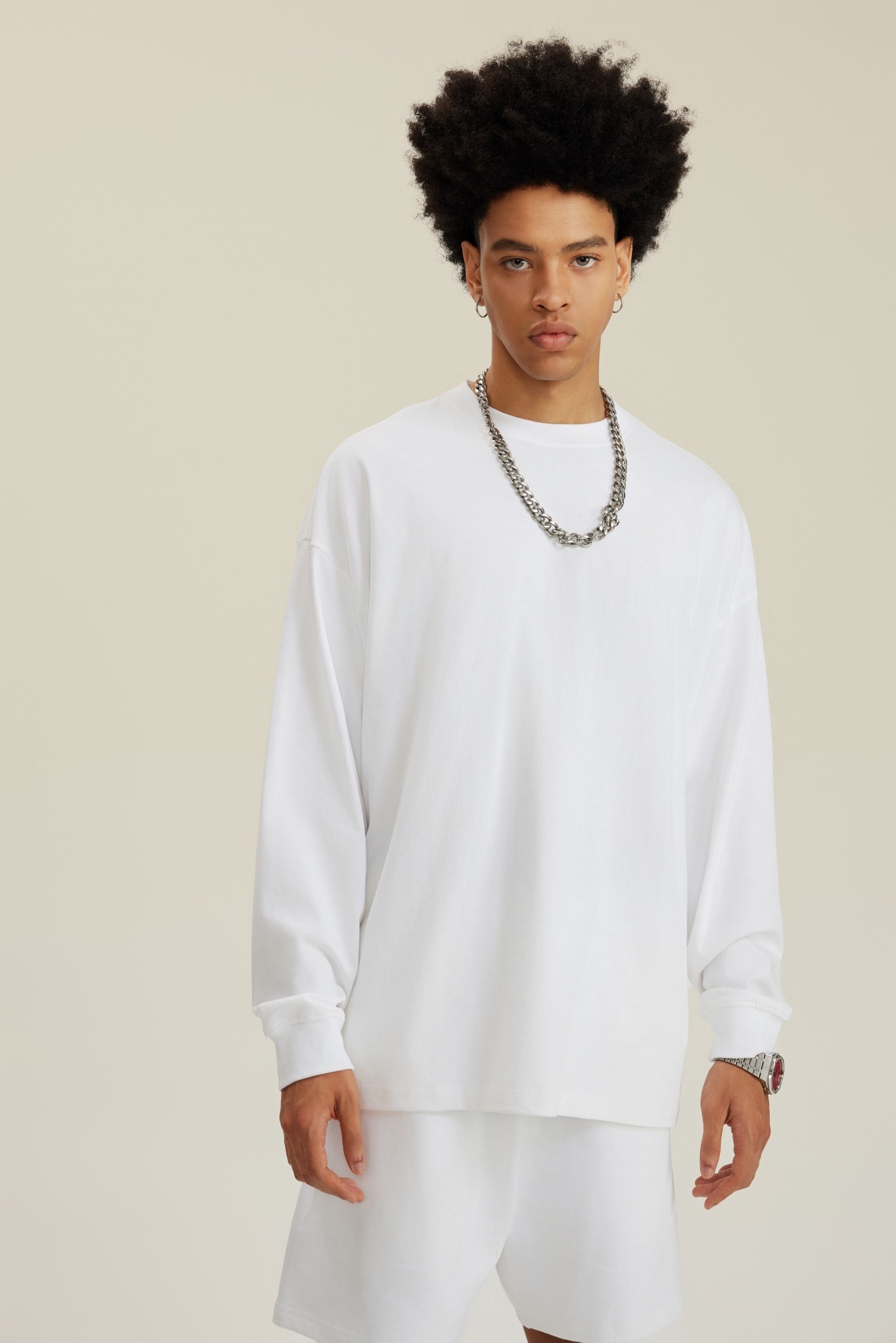 305GSM Unisex Premium Heavyweight Double-Yarn Plain Fabric Earth-Tone Basic Layering Long sleeve White
