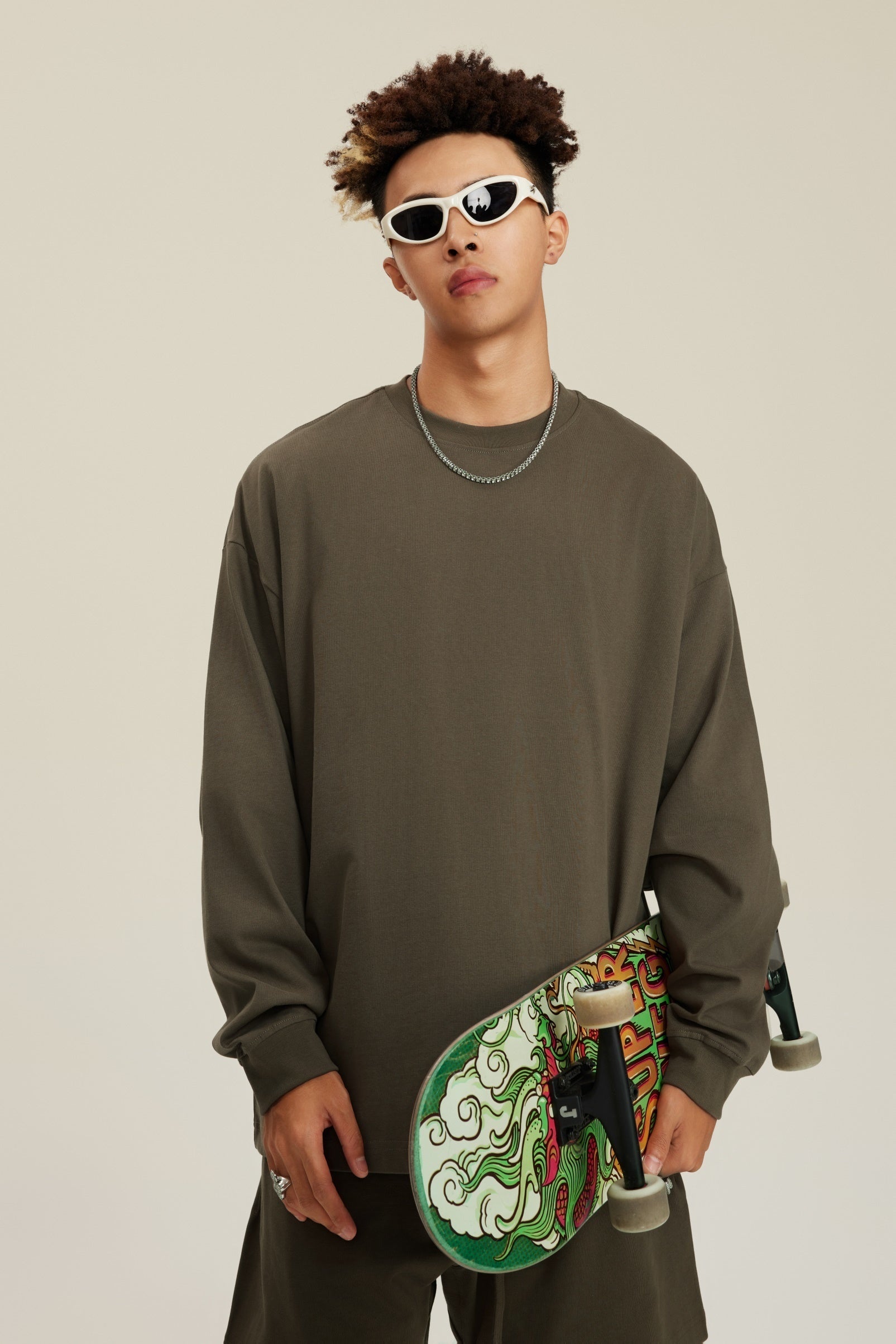 305GSM Unisex Premium Heavyweight Double-Yarn Plain Fabric Earth-Tone Basic Layering Long sleeve Brown