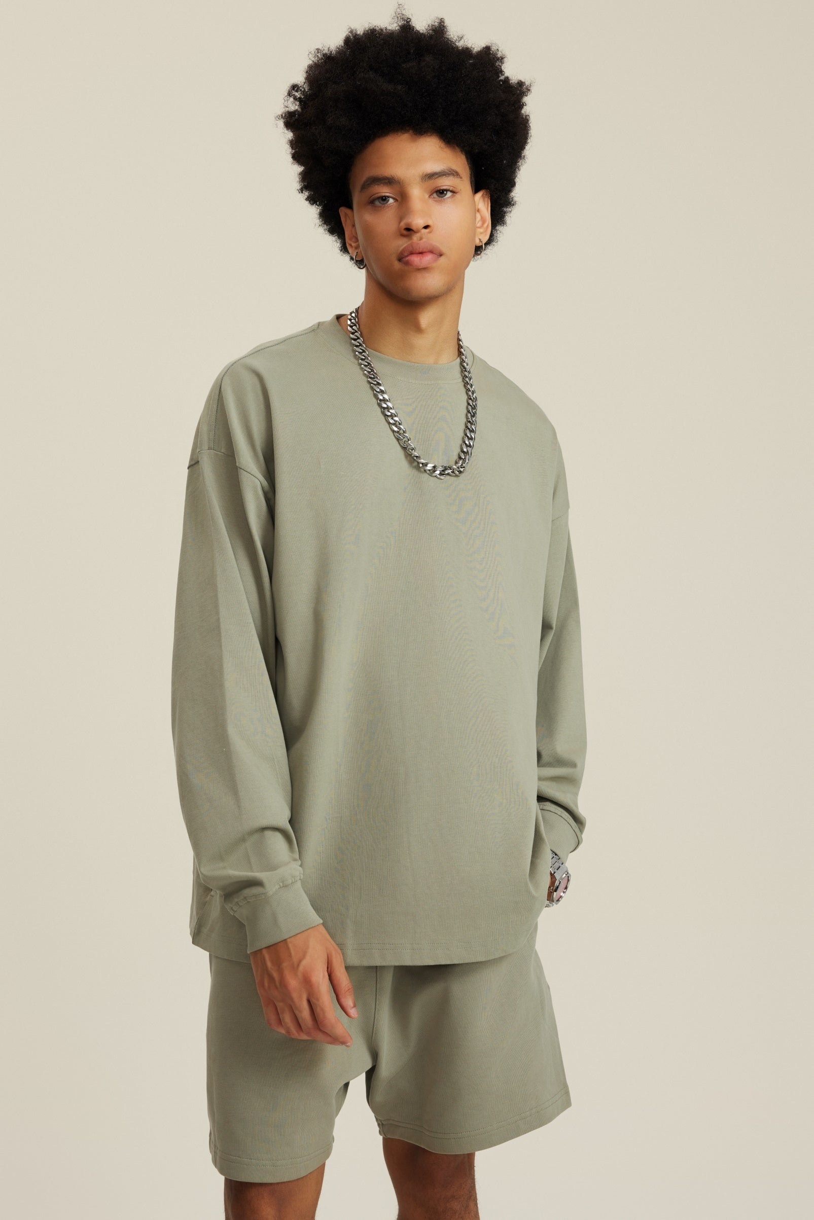 305GSM Unisex Premium Heavyweight Double-Yarn Plain Fabric Earth-Tone Basic Layering Long sleeve Grey Green