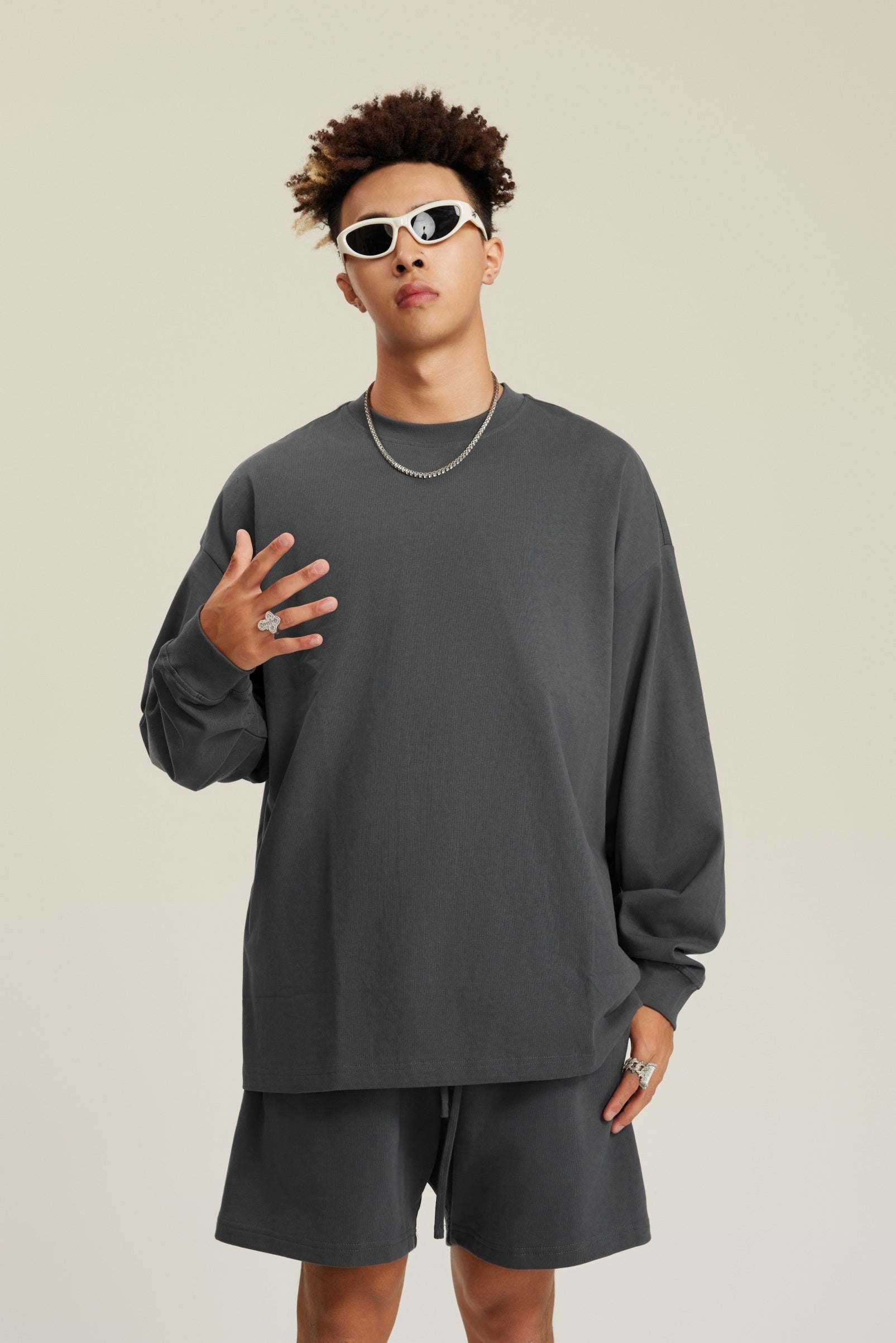 305GSM Unisex Premium Heavyweight Double-Yarn Plain Fabric Earth-Tone Basic Layering Long sleeve Carbon Grey