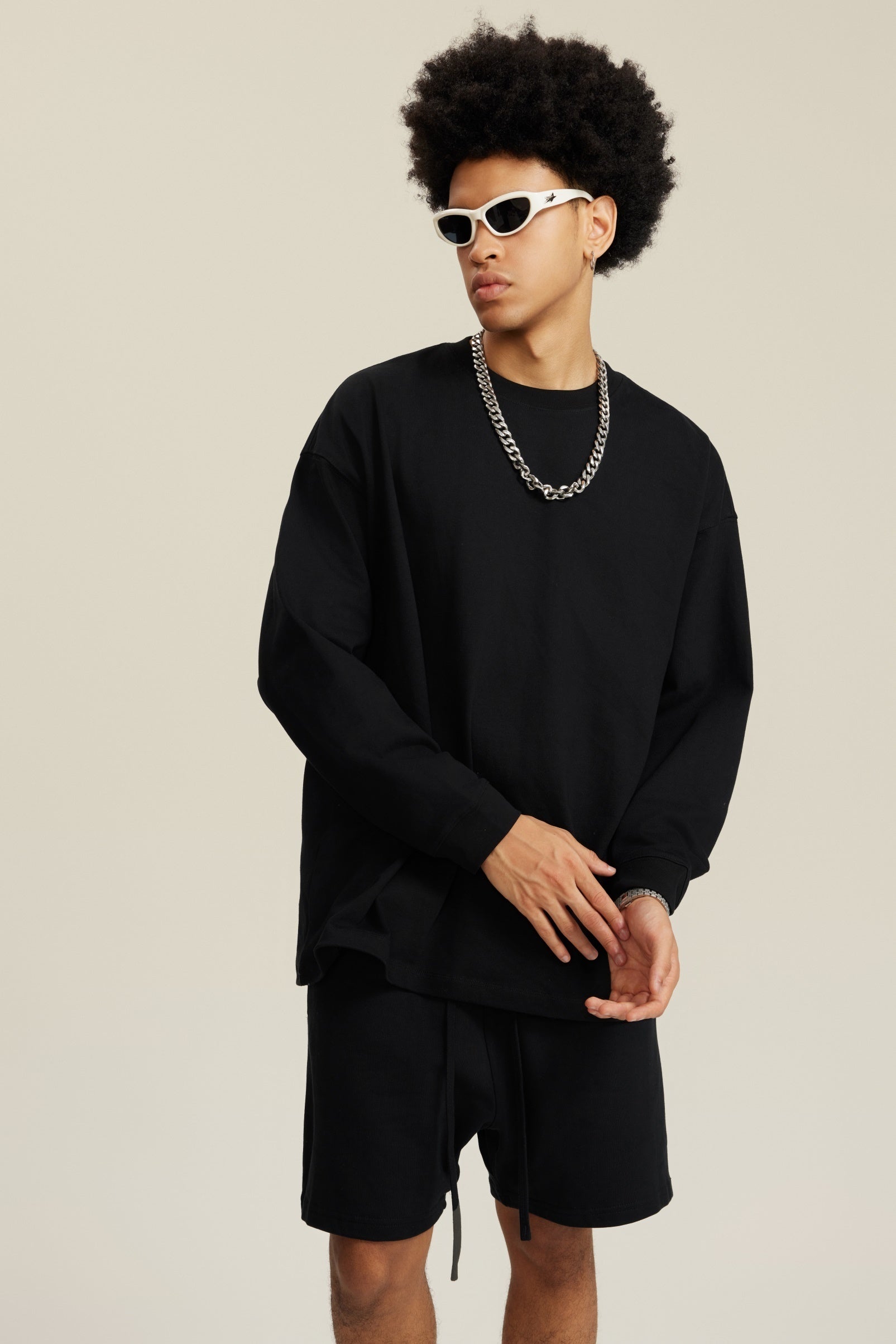 305GSM Unisex Premium Heavyweight Double-Yarn Plain Fabric Earth-Tone Basic Layering Long sleeve Black
