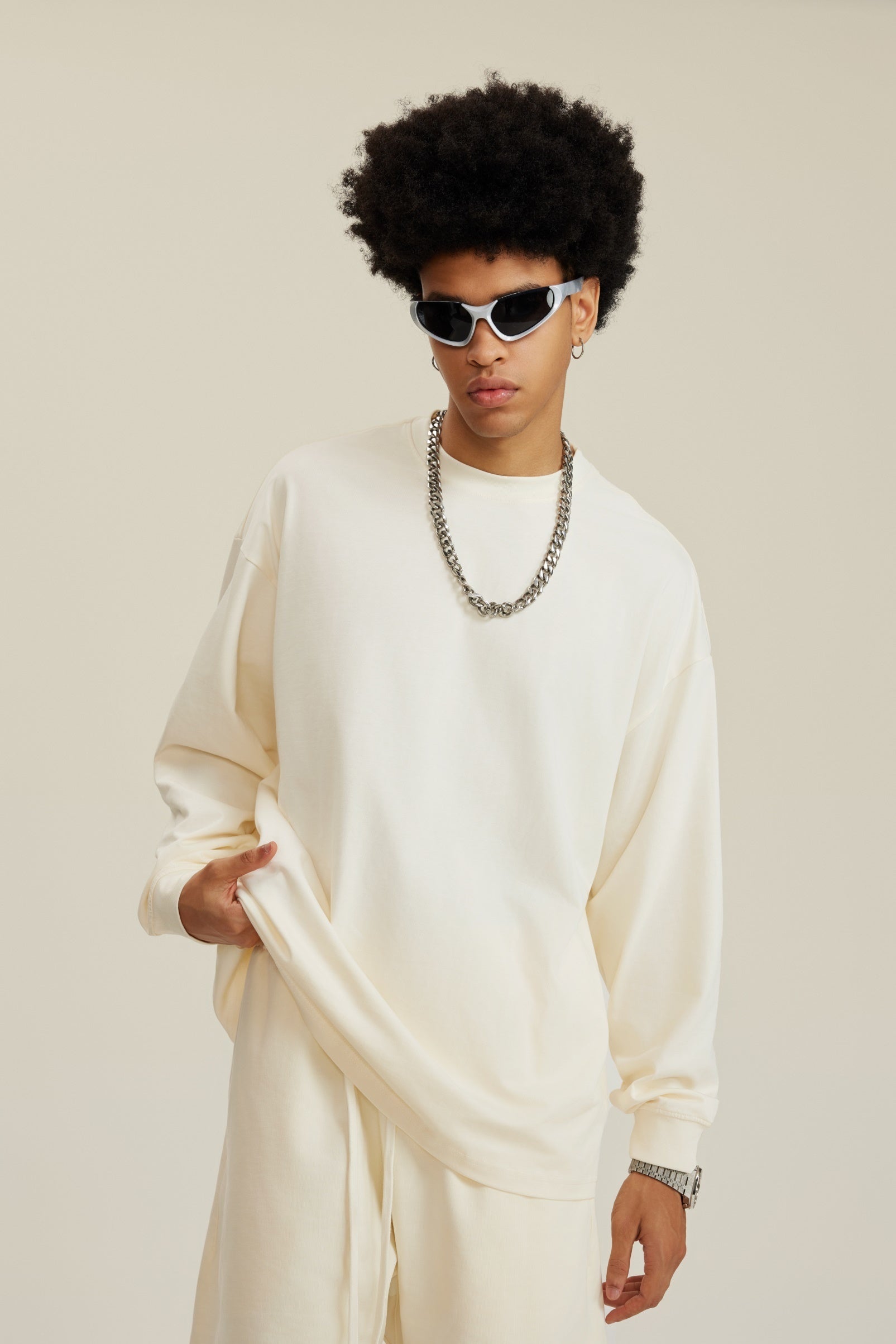 305GSM Unisex Premium Heavyweight Double-Yarn Plain Fabric Earth-Tone Basic Layering Long sleeve Milk Tea White