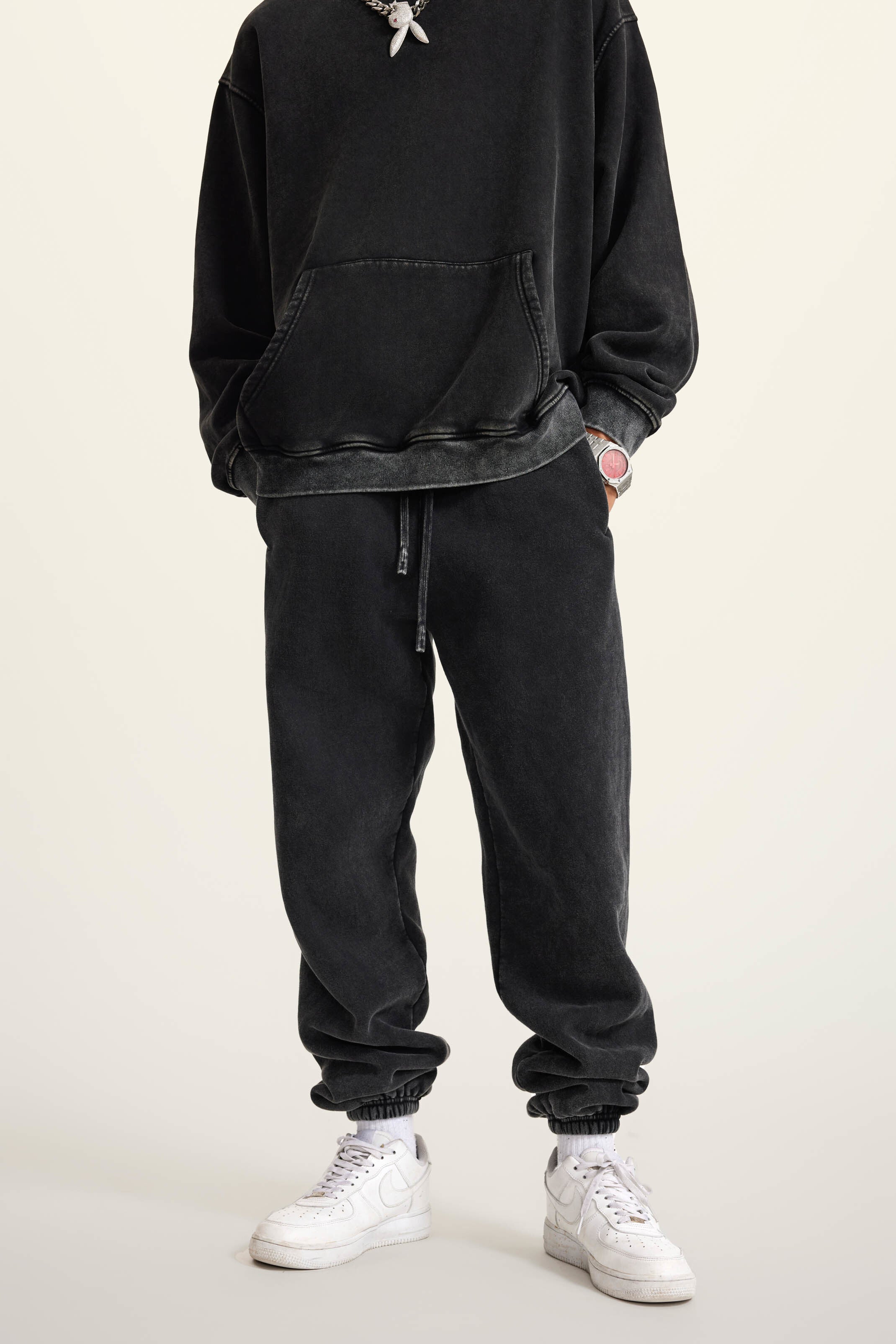 440GSM Unisex Relaxed Fit Loopback Terry Jogger Pants Black