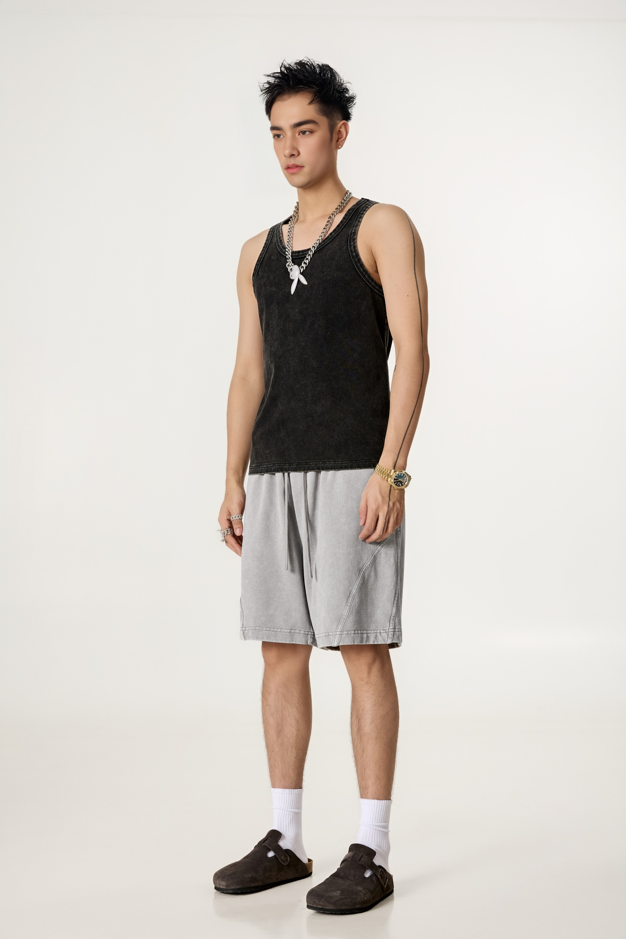 330GSM Unisex Snow-Wash 100%Cotton Wax-Dyed Soft & Durable Shorts Medium Grey