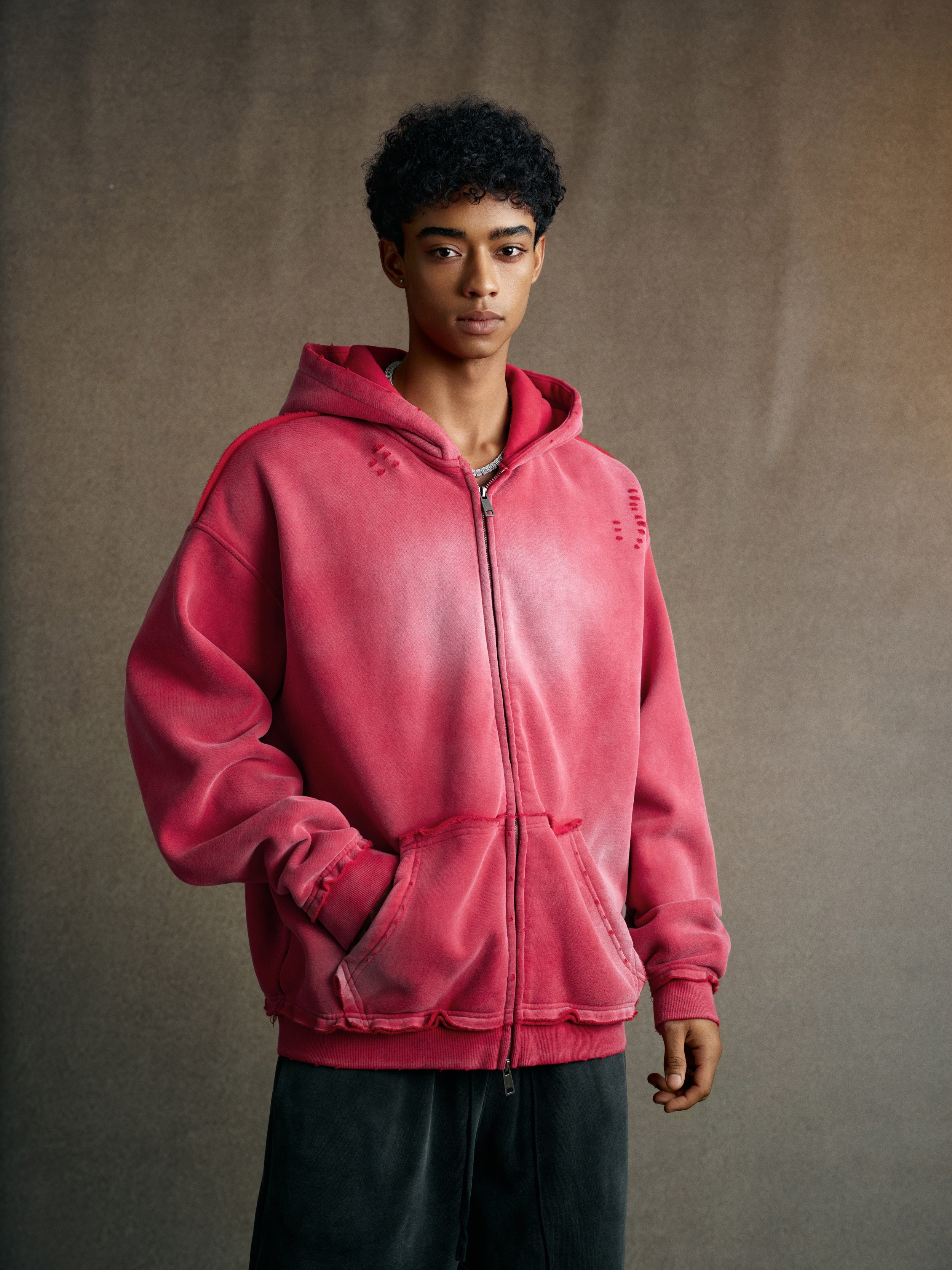 400GSM Men's Distressed Raw-Edge Zip-Up Hoodie Red