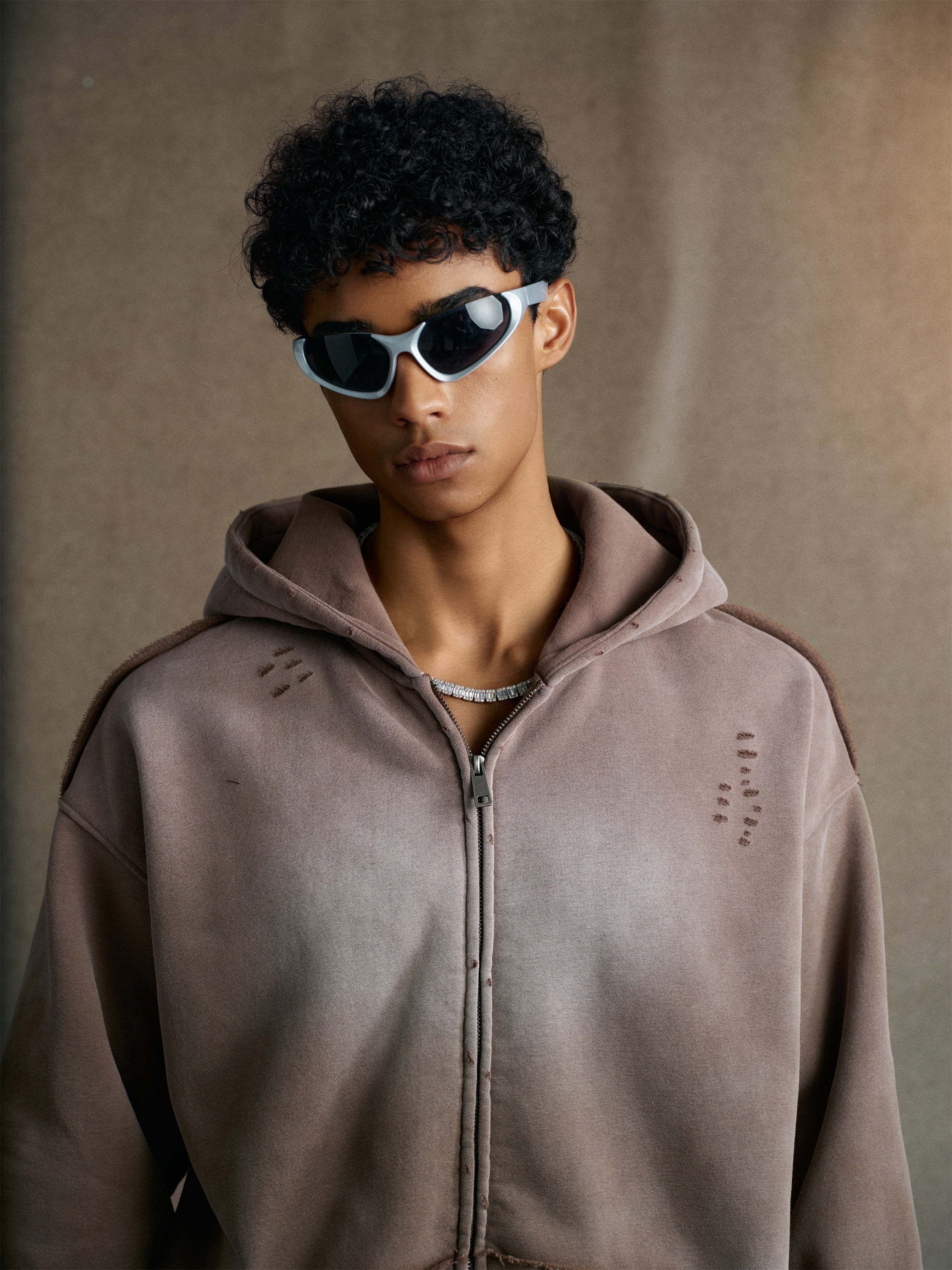 400GSM Men's Distressed Raw-Edge Zip-Up Hoodie Dark brown