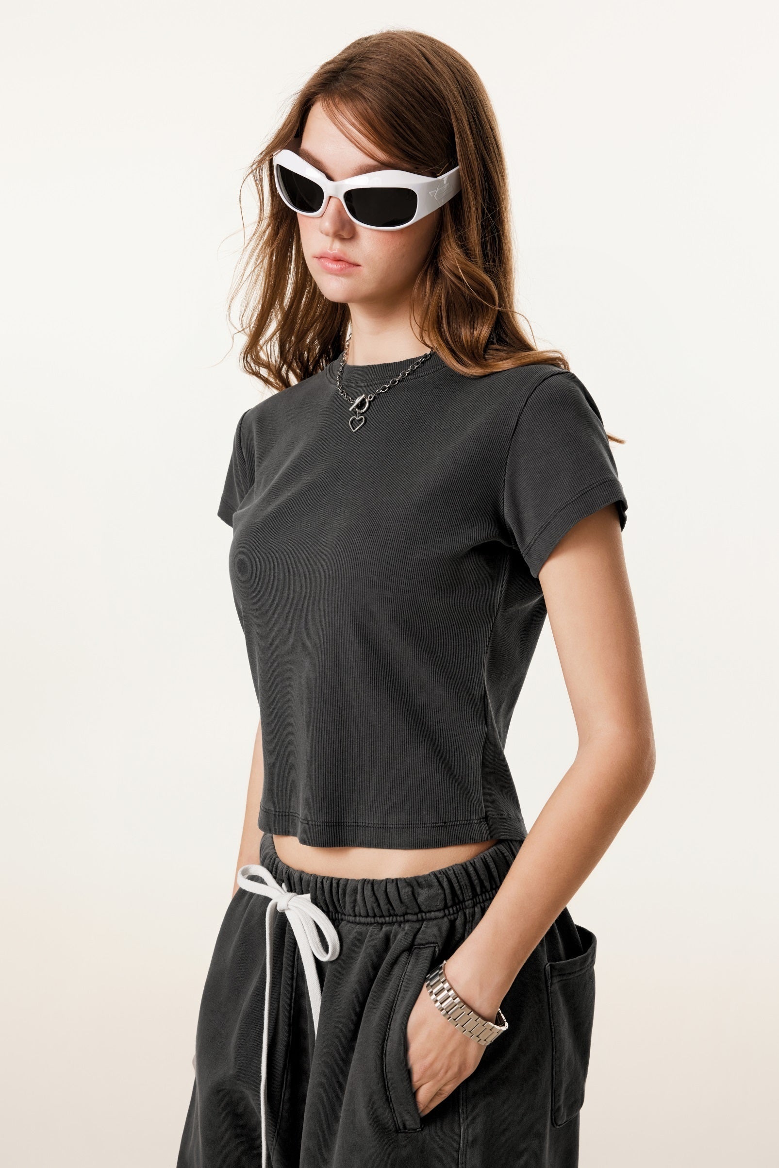 275GSM Women’s Figure-Flattering Straight Shoulder T-shirt Dark gray