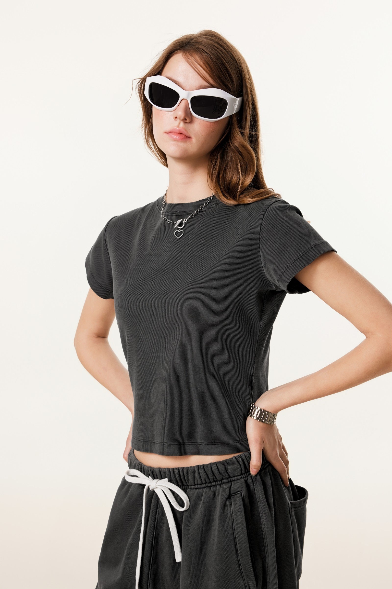 275GSM Women’s Figure-Flattering Straight Shoulder T-shirt Dark gray