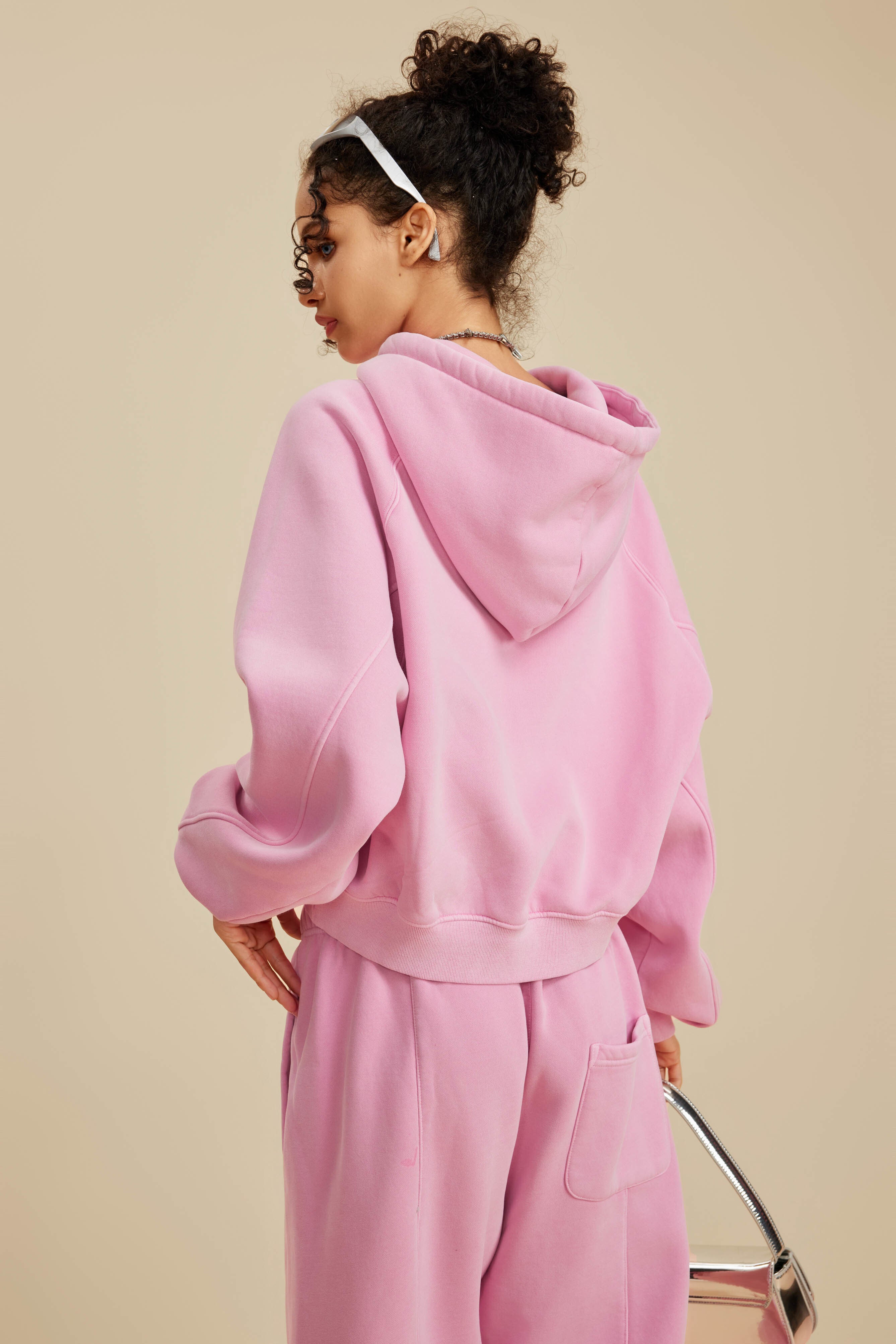 400GSM Women’s Retro-Wash Raglan Cropped Hoodie Rose pink