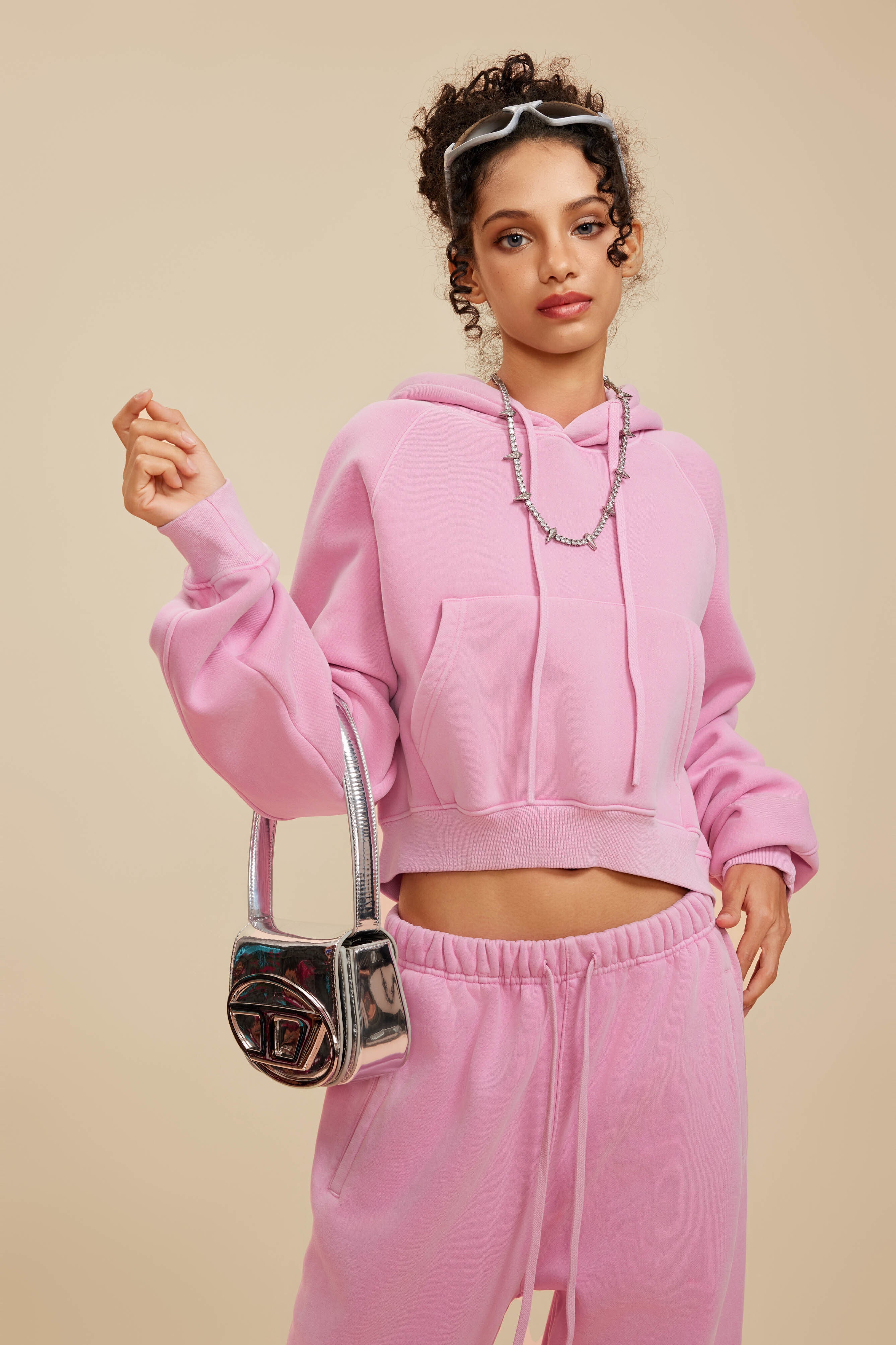 400GSM Women’s Retro-Wash Raglan Cropped Hoodie Rose pink