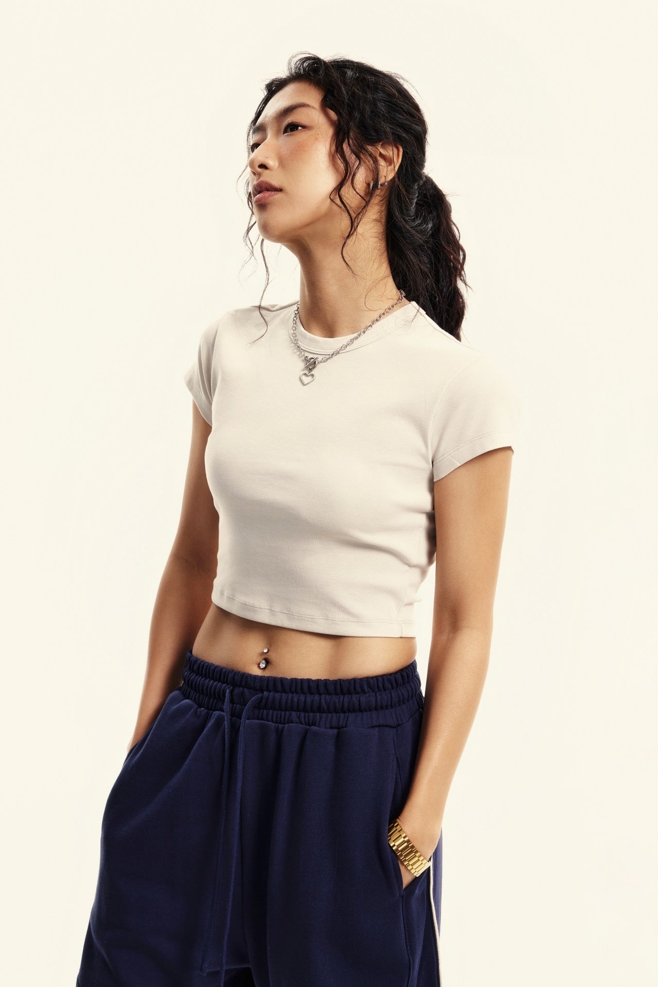 235GSM Women's Washed Stretch Cotton Slim T-shirt Vintage Beige