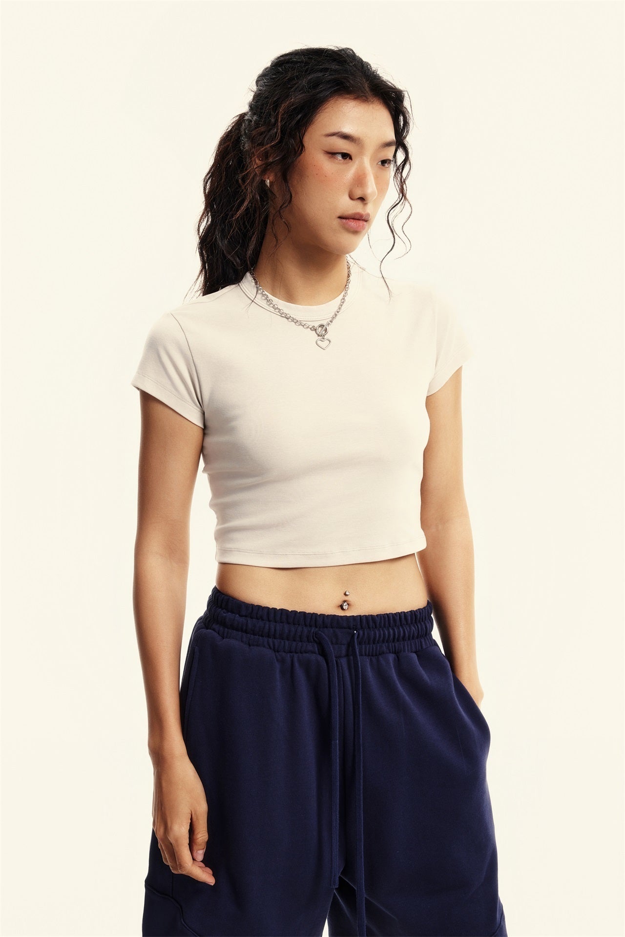 235GSM Women's Washed Stretch Cotton Slim T-shirt Vintage Beige