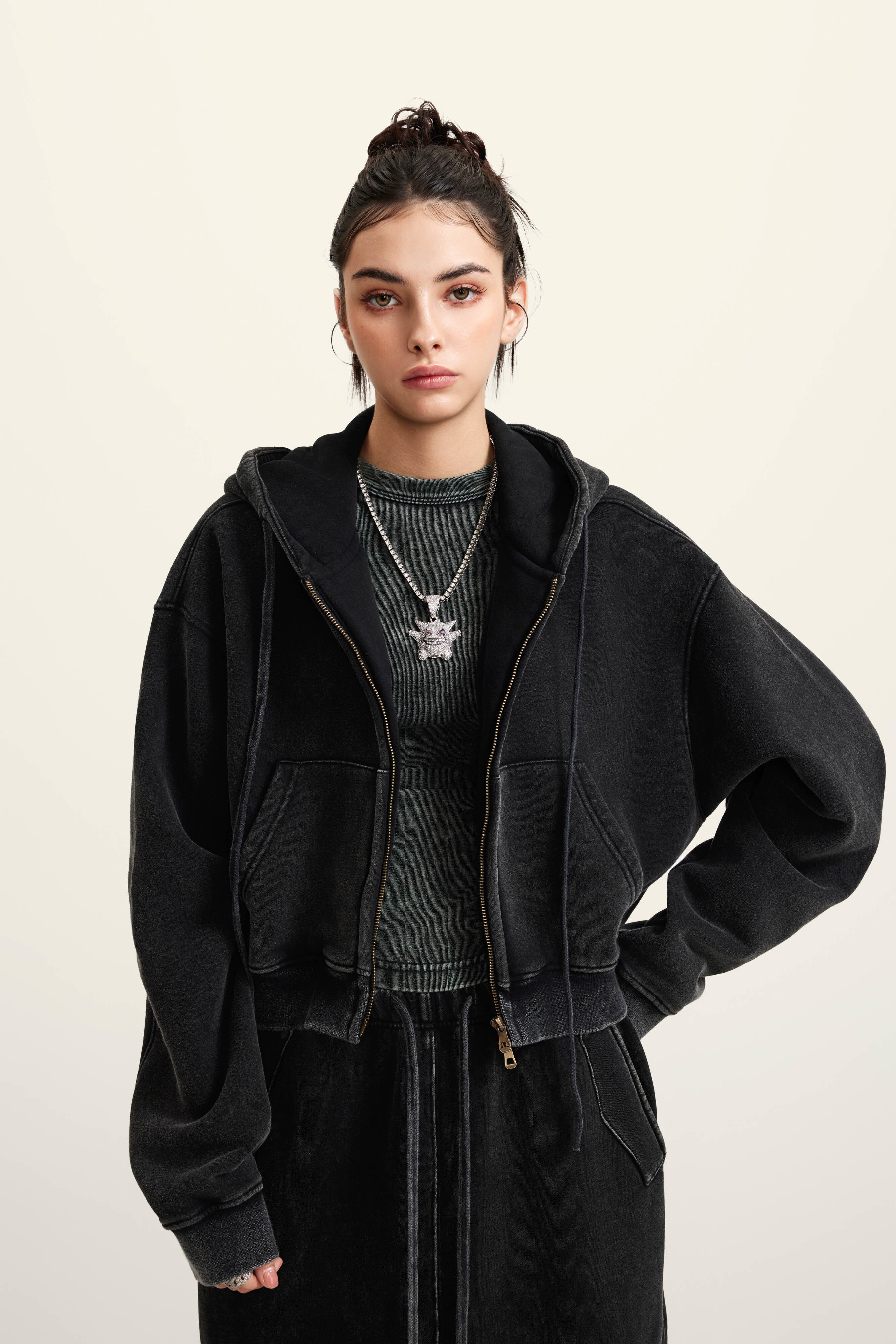 400GSM Women’s Vintage-Wash Cropped Zip-Up Hoodie Snow wash
