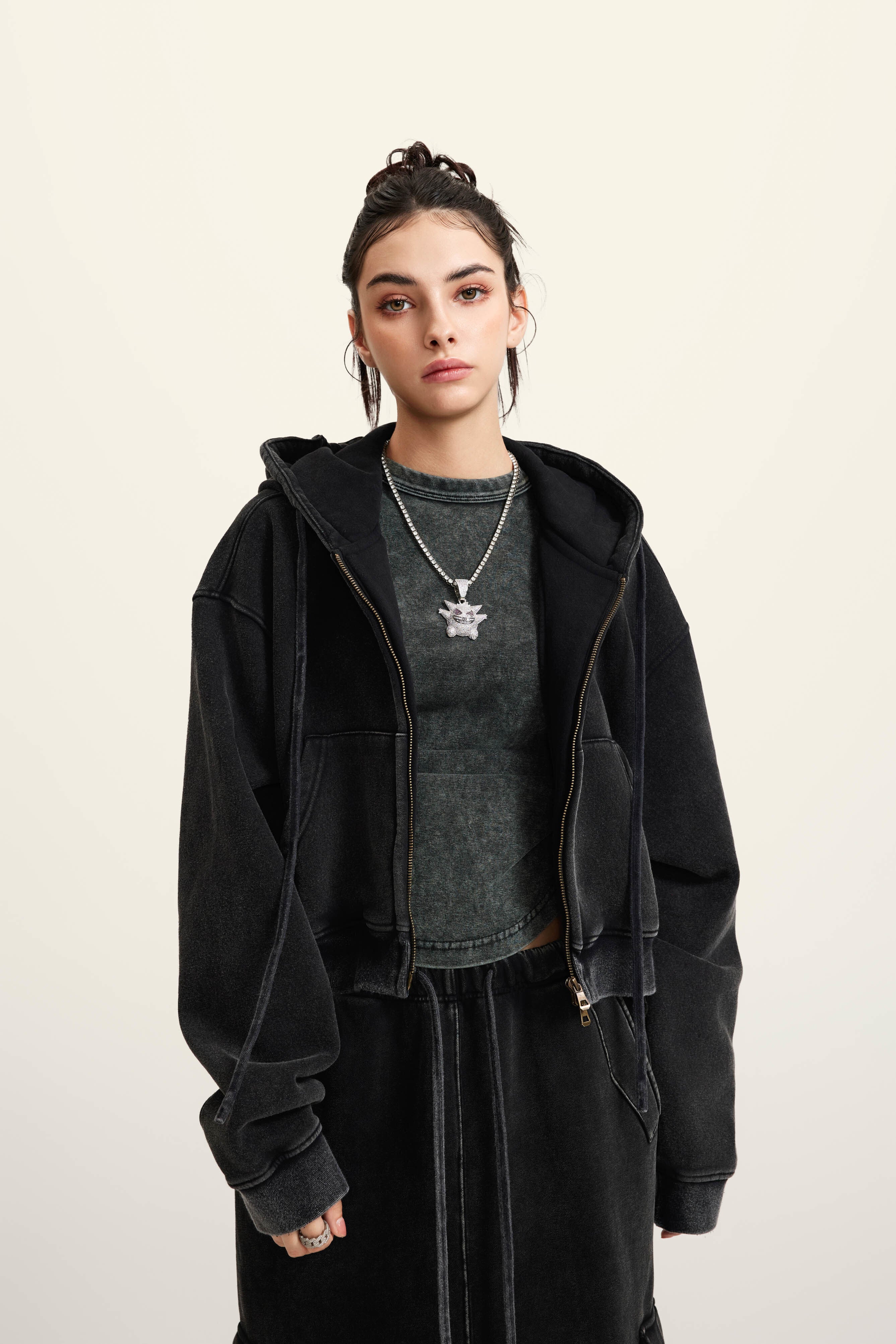 400GSM Women’s Vintage-Wash Cropped Zip-Up Hoodie Snow wash