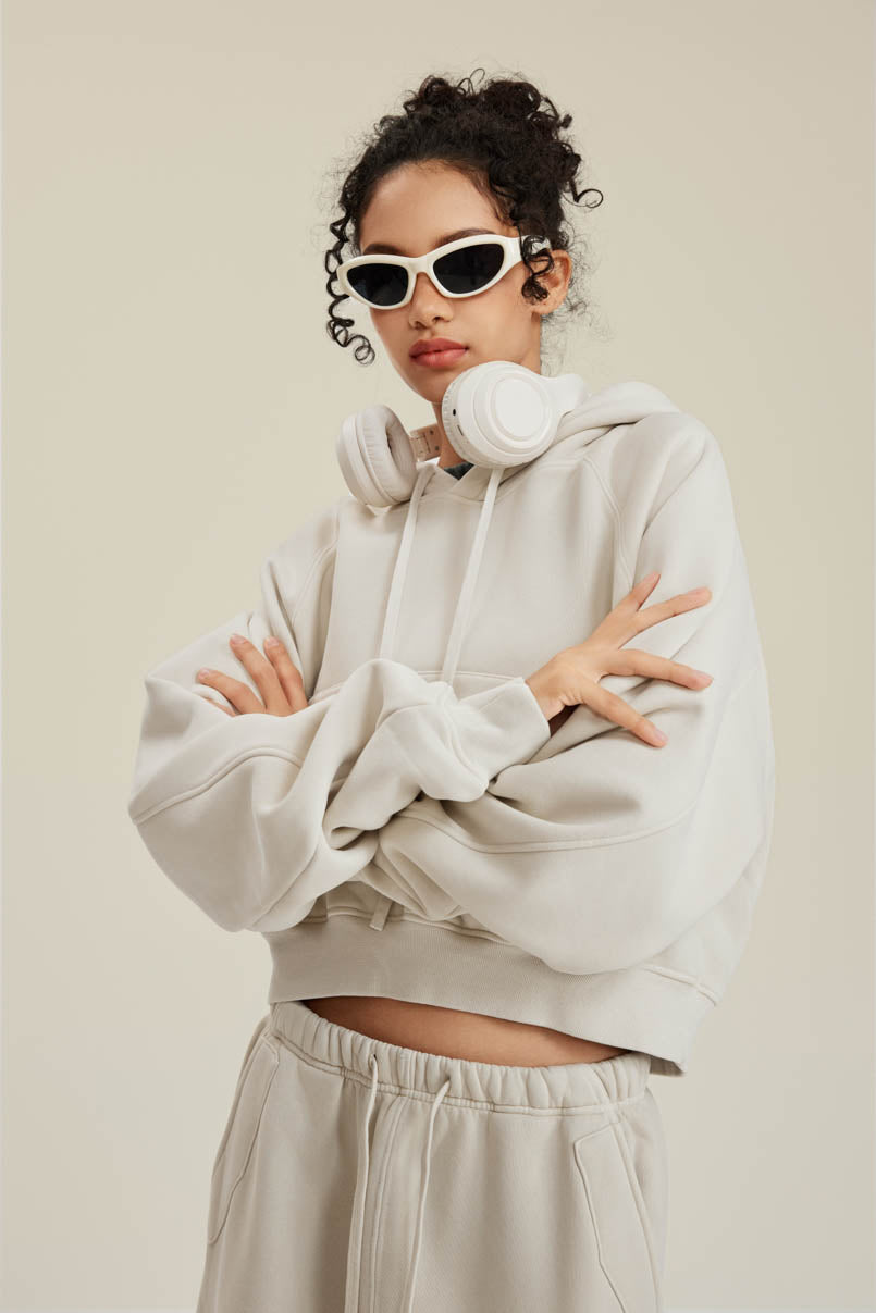 400GSM Women’s Retro-Wash Raglan Cropped Hoodie Gray Apricot