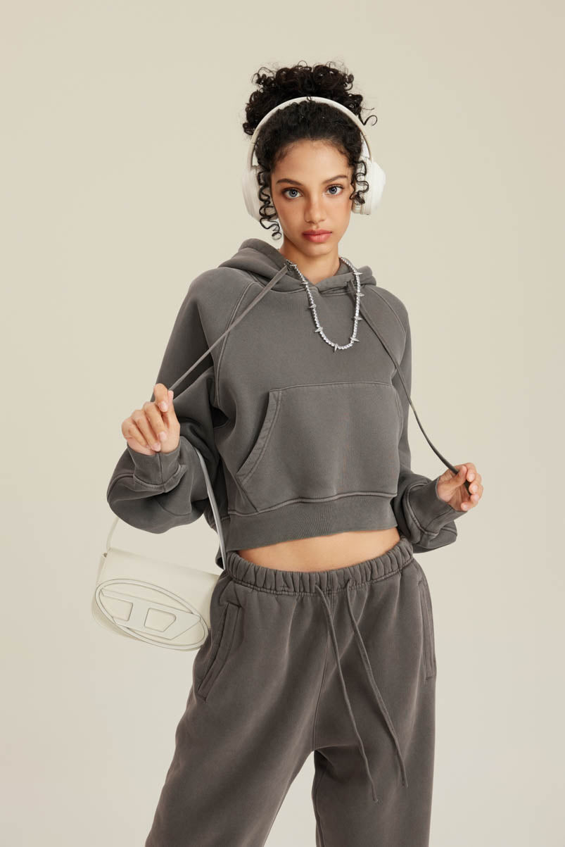 400GSM Women’s Retro-Wash Raglan Cropped Hoodie   Coffee