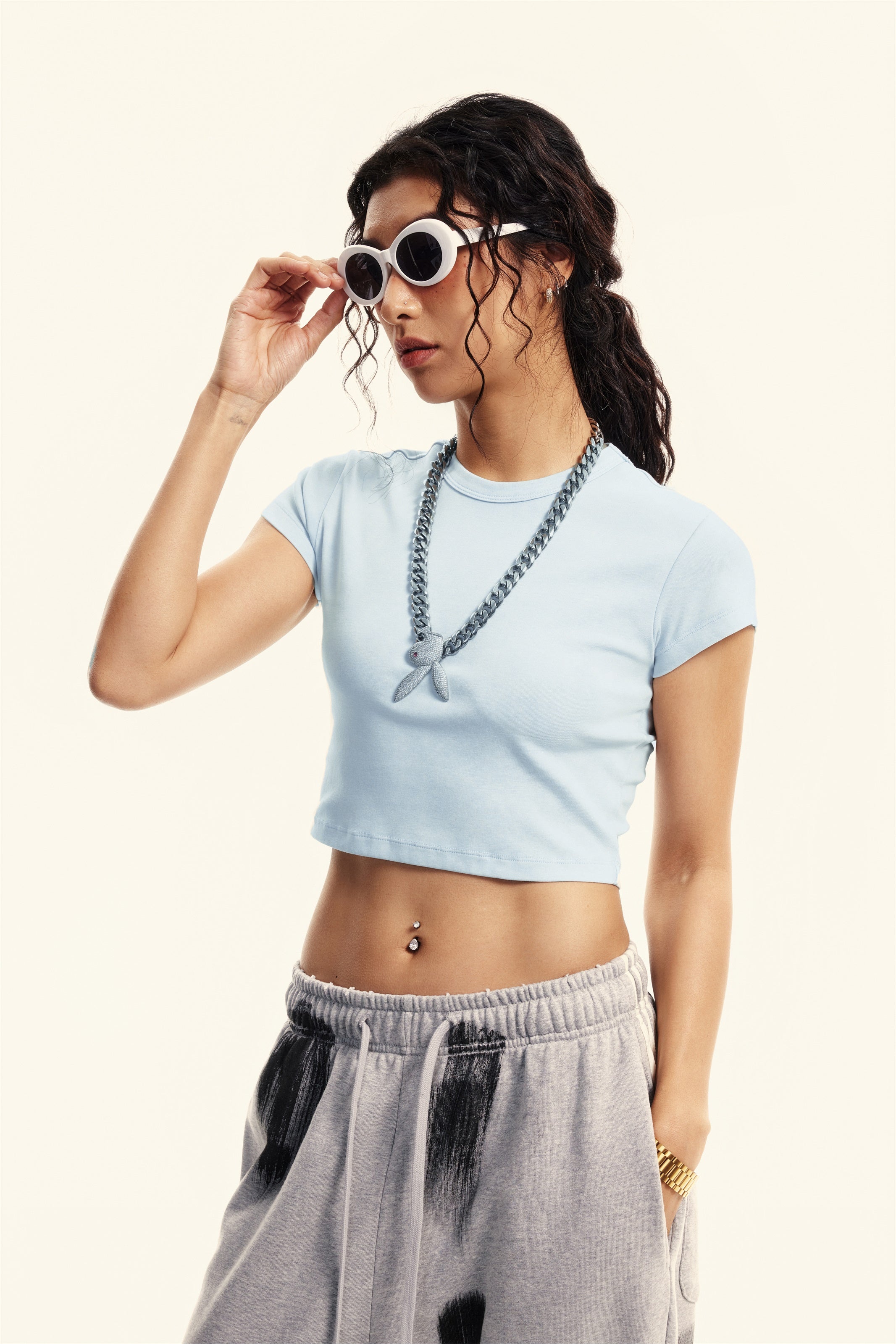 235GSM Women's Washed Stretch Cotton Slim T-shirt Sky Blue