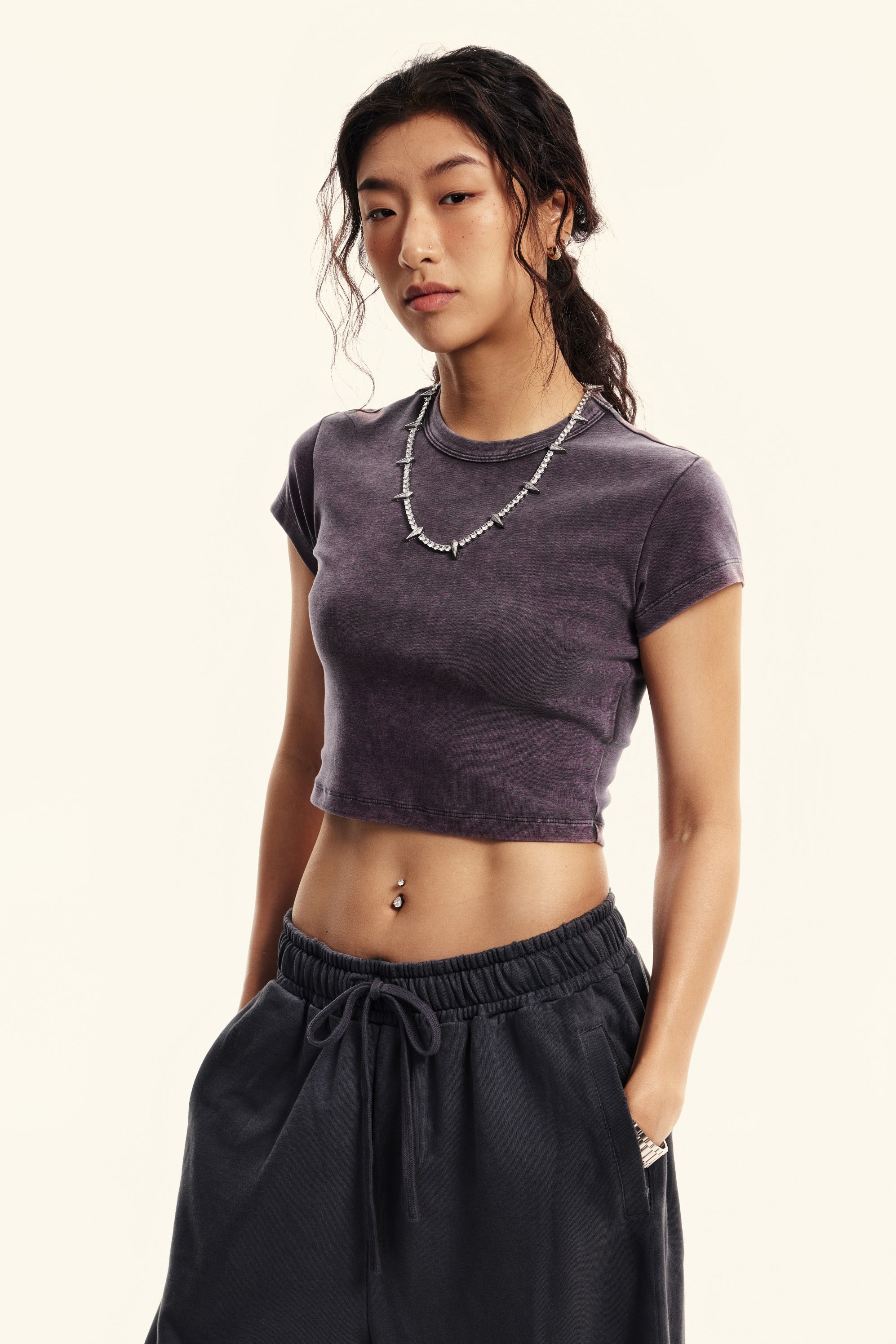 235GSM Women's Washed Stretch Cotton Slim T-shirt Grape Purple