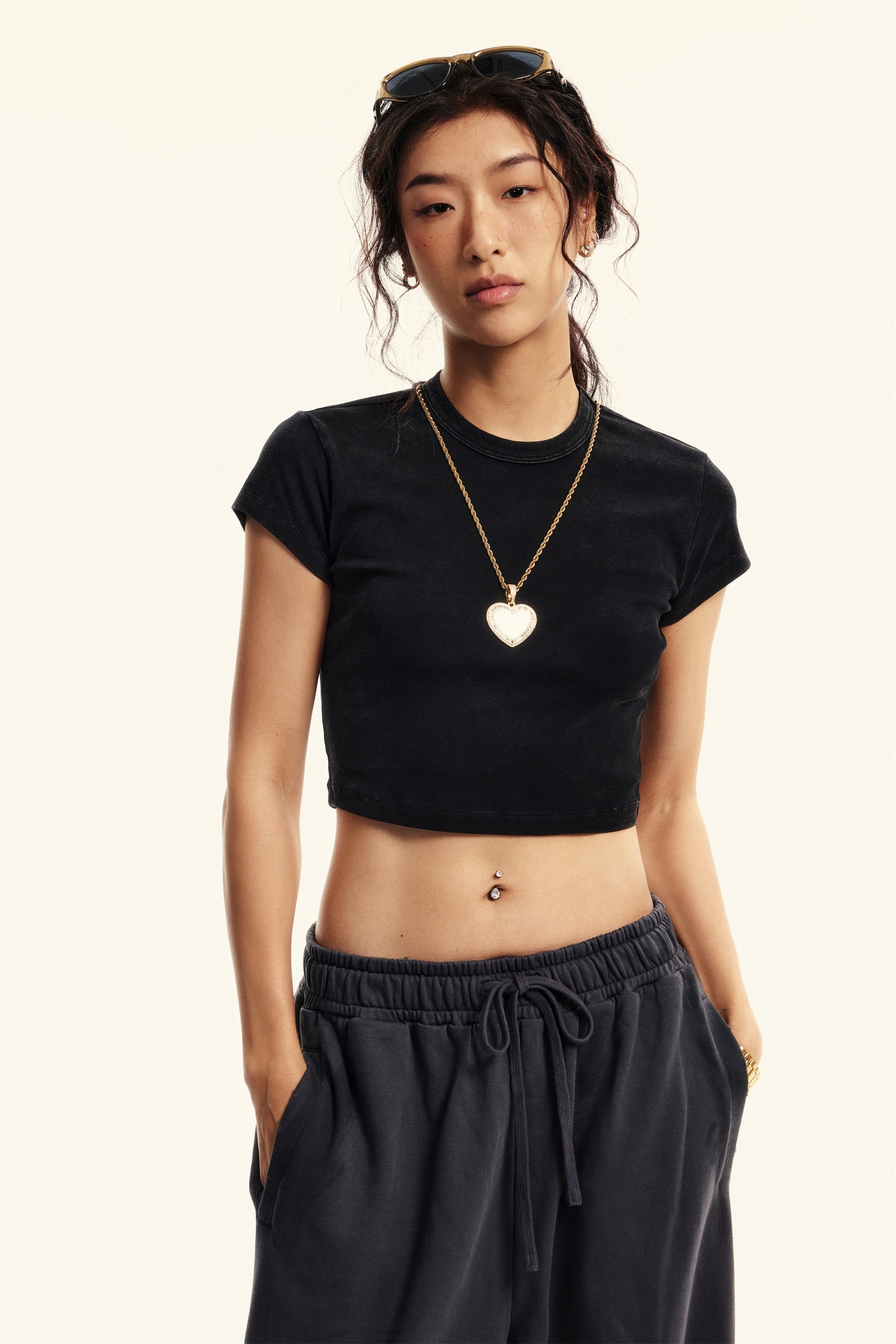 235GSM Women's Washed Stretch Cotton Slim T-shirt Snow wash