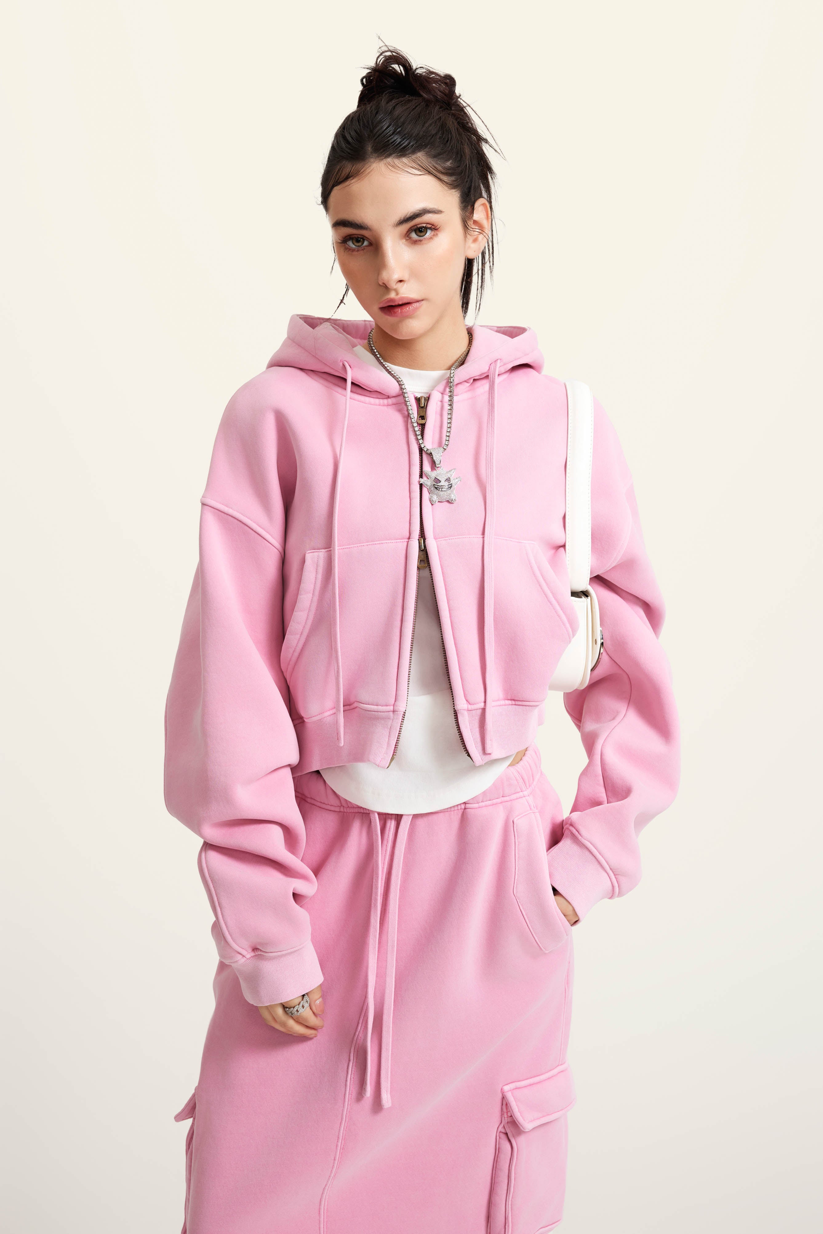 400GSM Women’s Vintage-Wash Cropped Zip-Up Hoodie Rose Pink