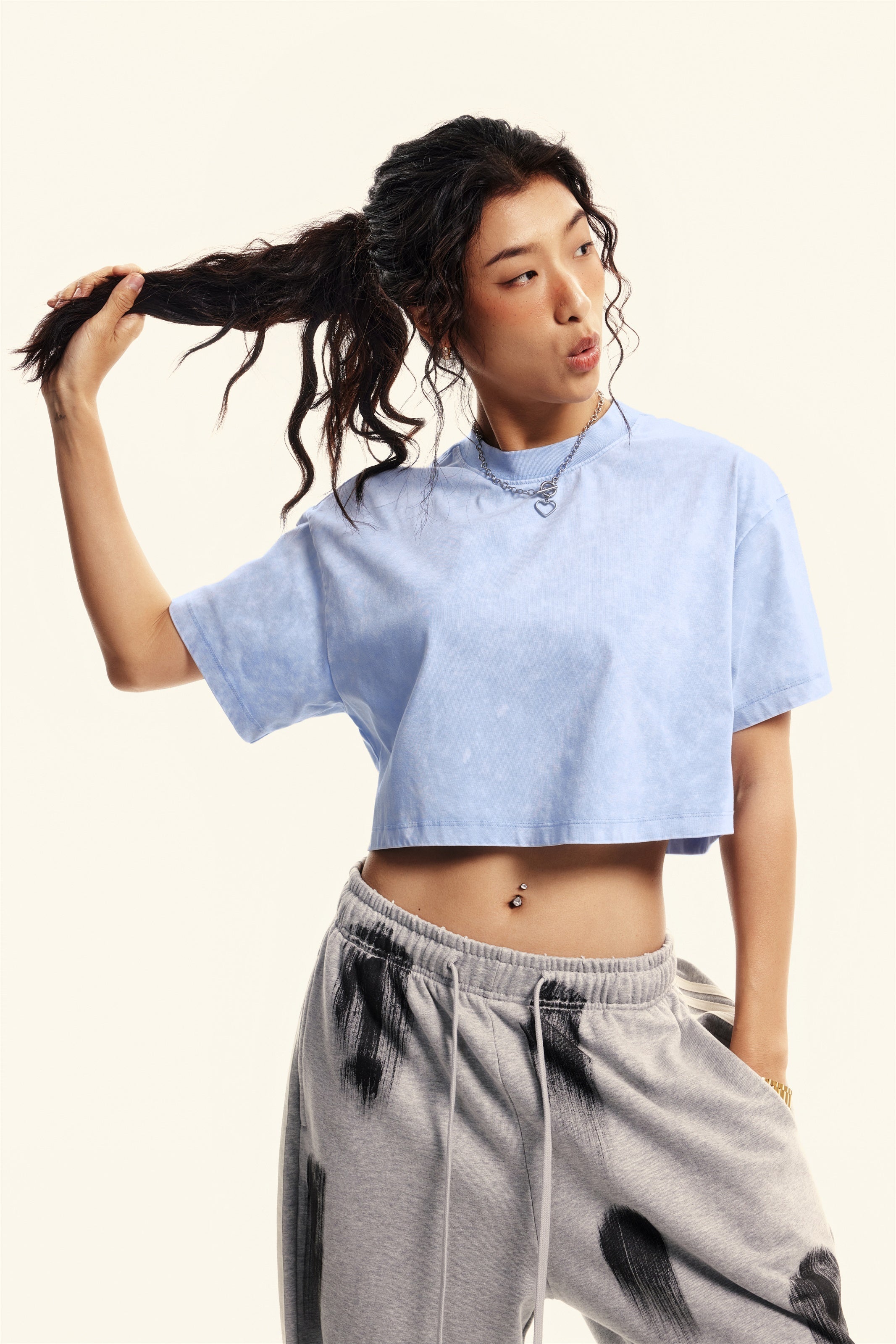 230GSM Women’s Cool-Touch Dopamine-Color Snow-Washed Vintage Cropped T-Shirt sky blue