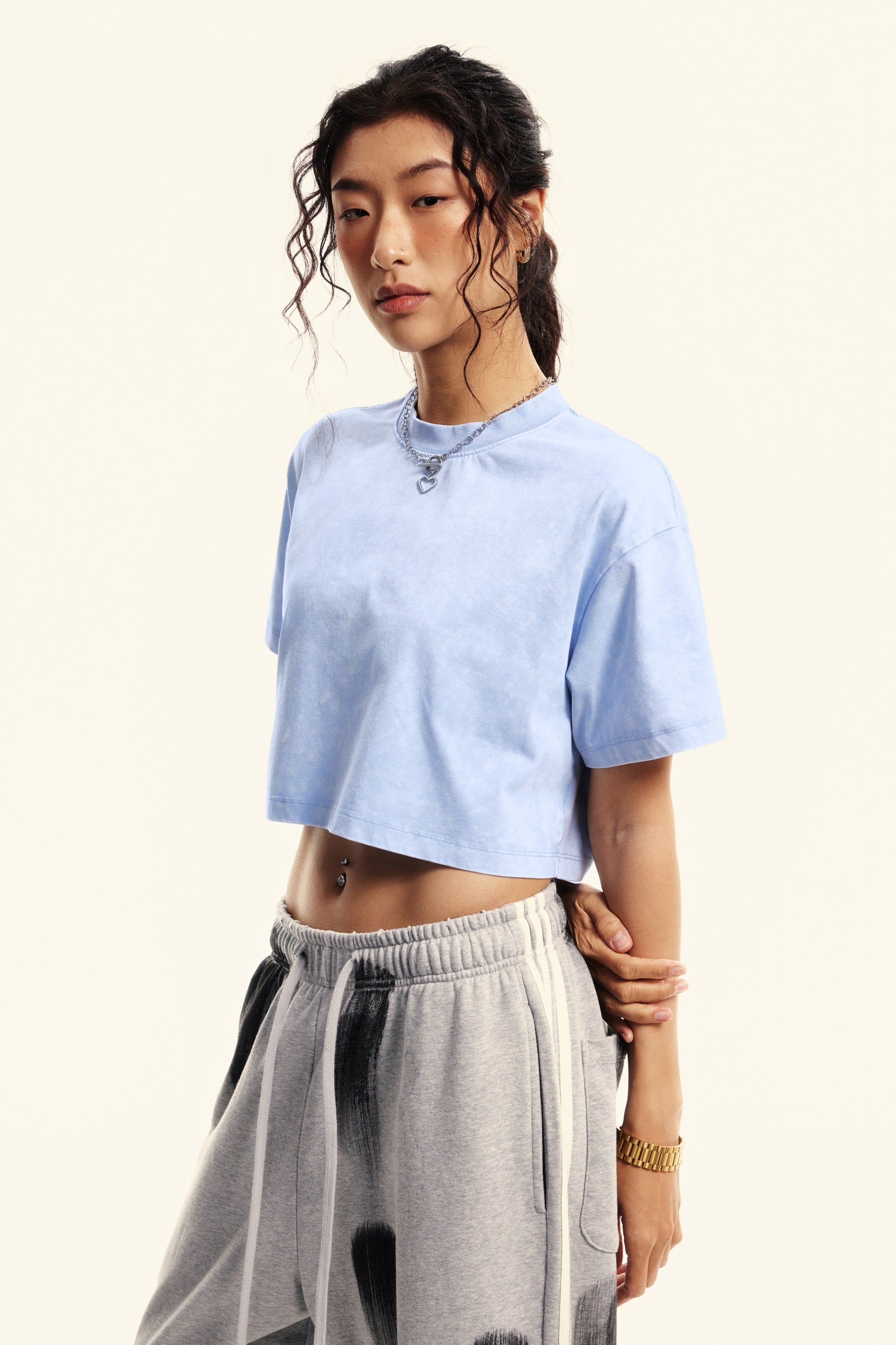 230GSM Women’s Cool-Touch Dopamine-Color Snow-Washed Vintage Cropped T-Shirt sky blue