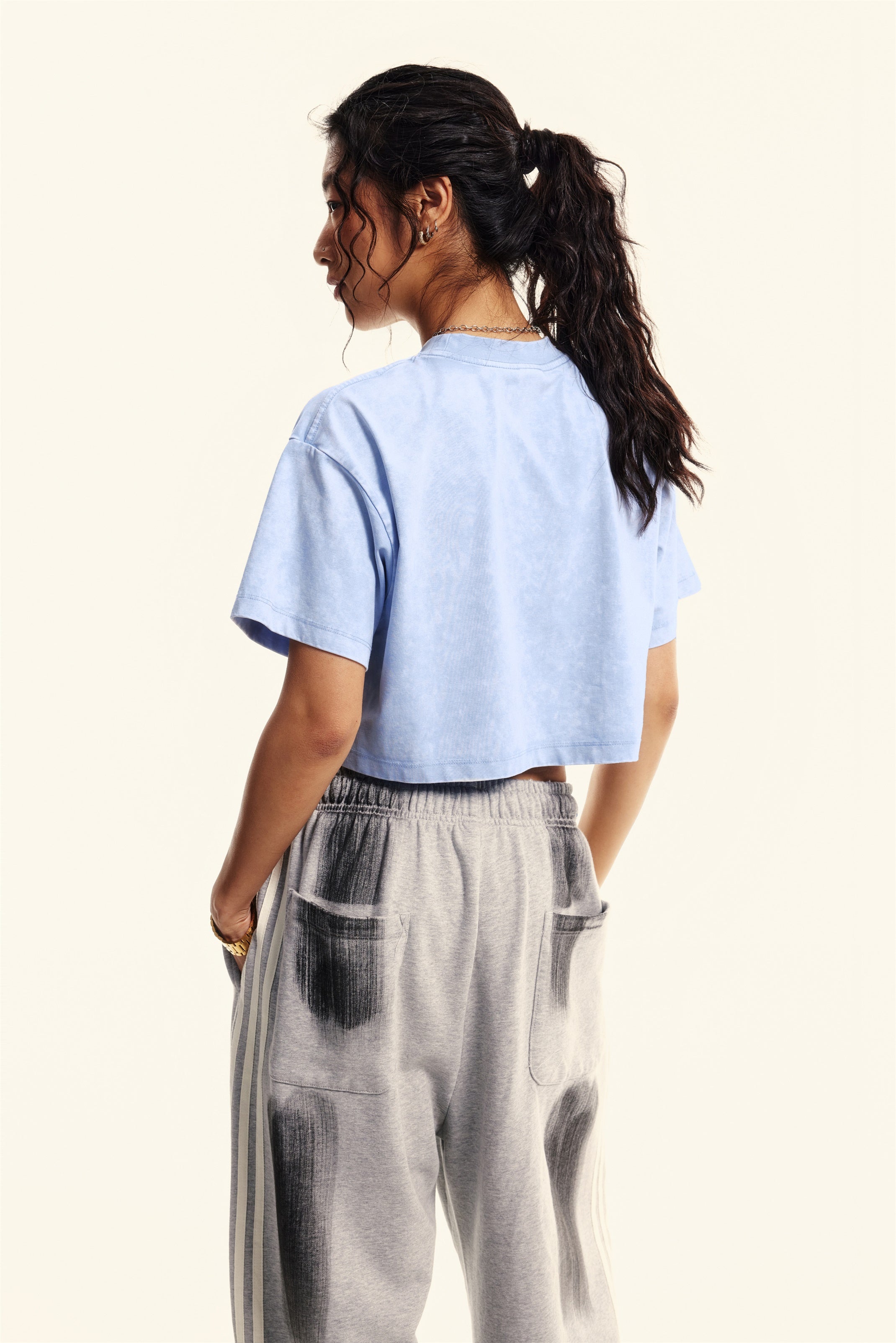230GSM Women’s Cool-Touch Dopamine-Color Snow-Washed Vintage Cropped T-Shirt sky blue