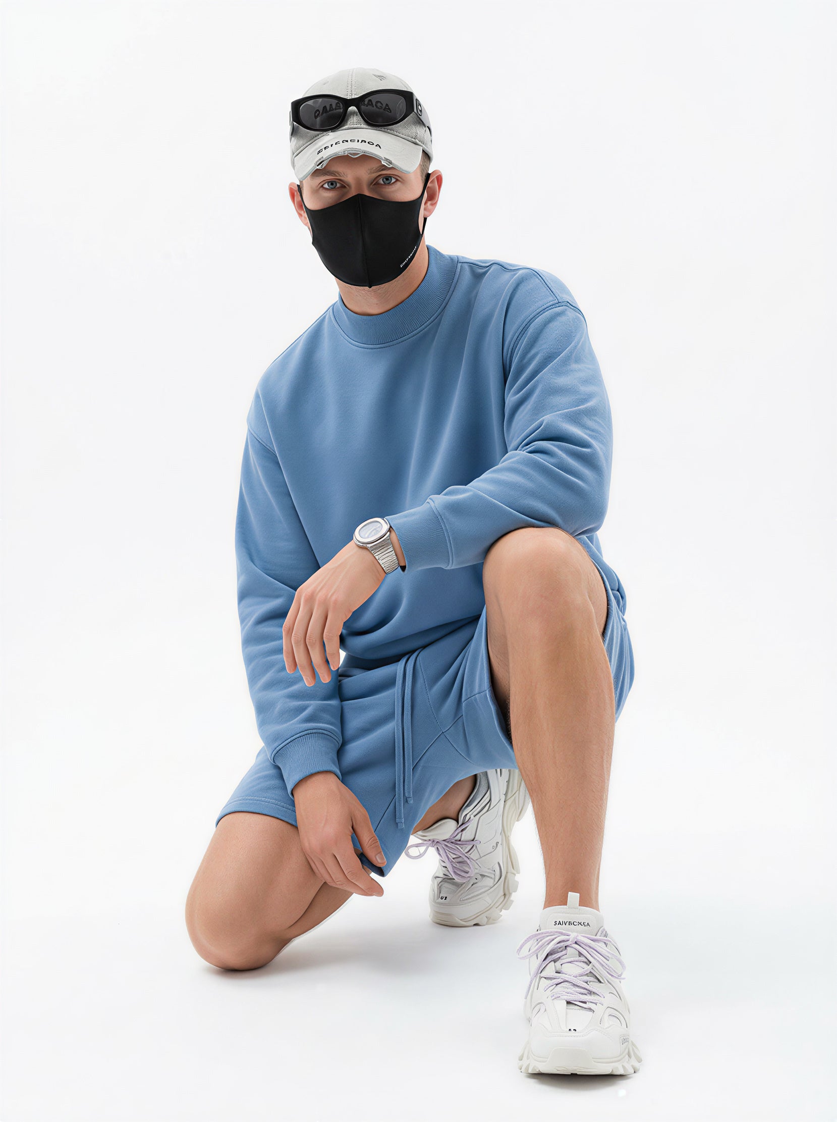 370GSM  Unisex Raw-Edge Ripped French Terry PP-Sprayed Sweatshirt Medium Blue
